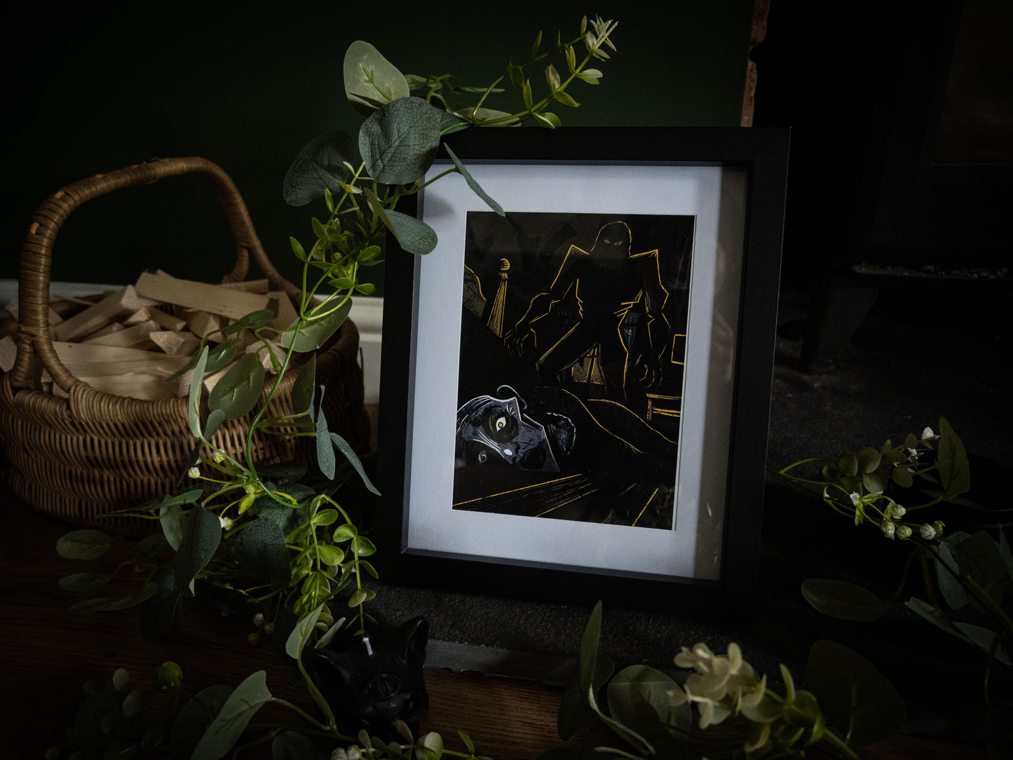 The Wedding Night art print wide shot with wicker basket and foliage — creature over Elizabeth on wedding night, gothic illustration by Sophie Atkinson