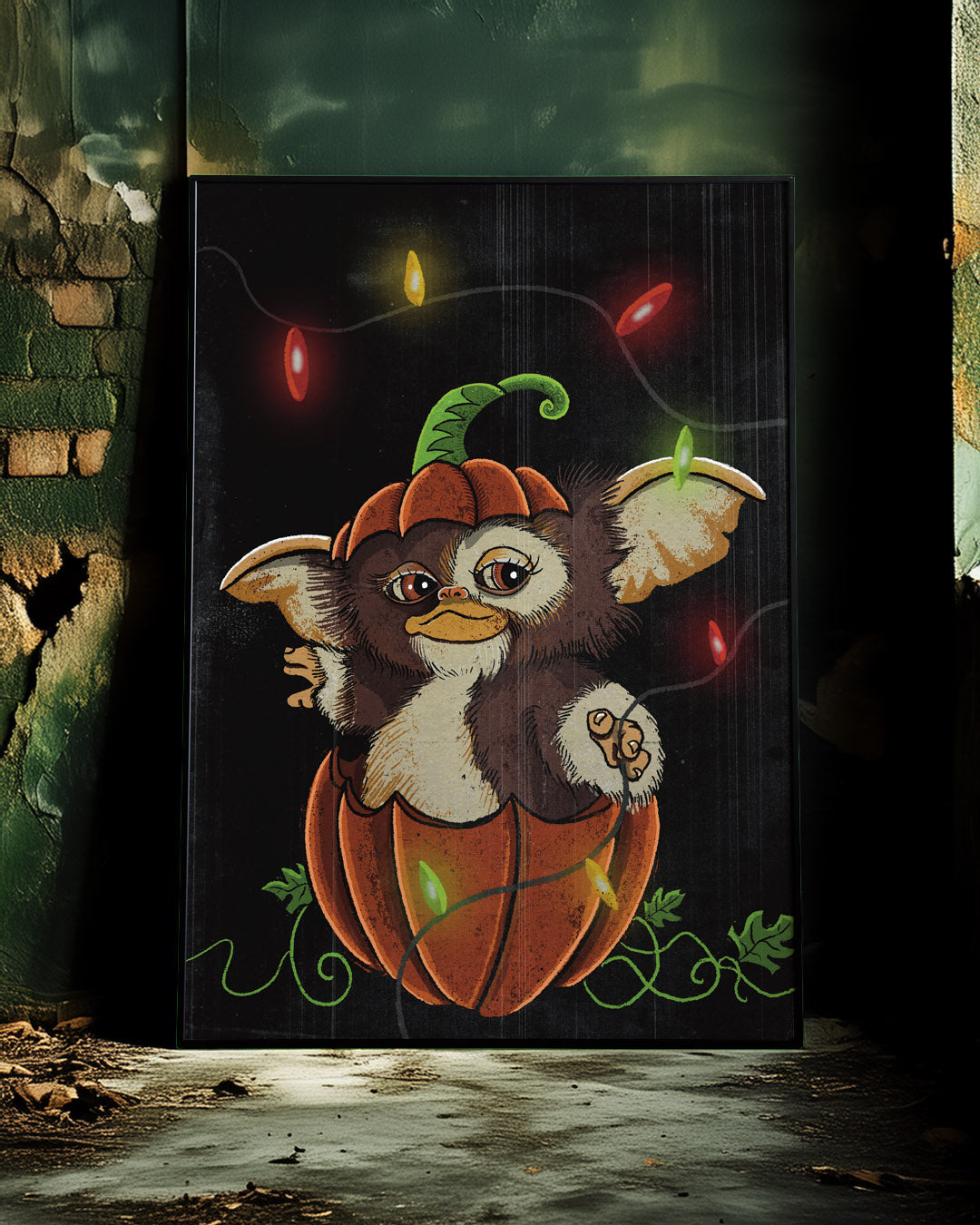 Gizmo Pumpkin Christmas Lights – Premium Giclée Art Print