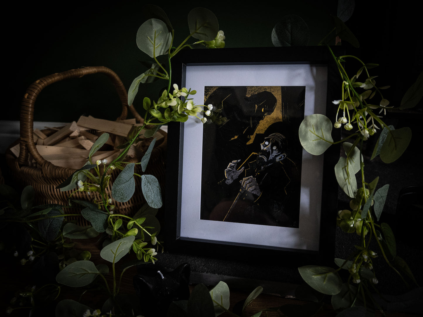 The Blind Man art print wide shot with wicker basket and foliage — De Lacey with looming creature shadow, gothic illustration by Sophie Atkinson