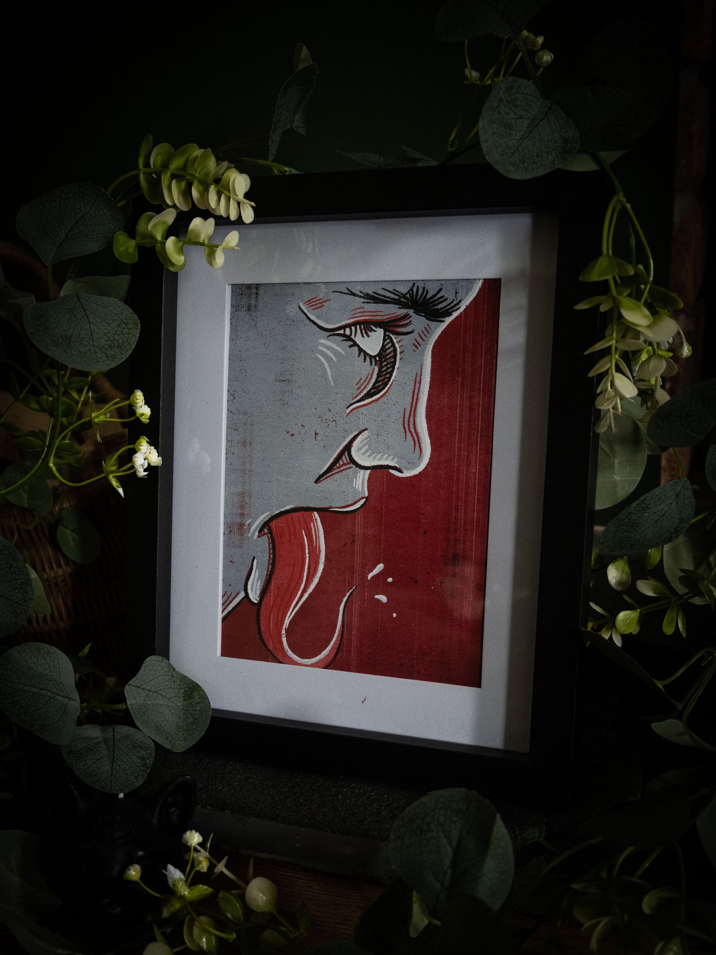 Sophie Atkinson Illustration – Speak No Evil gothic print in black frame with botanical dark background