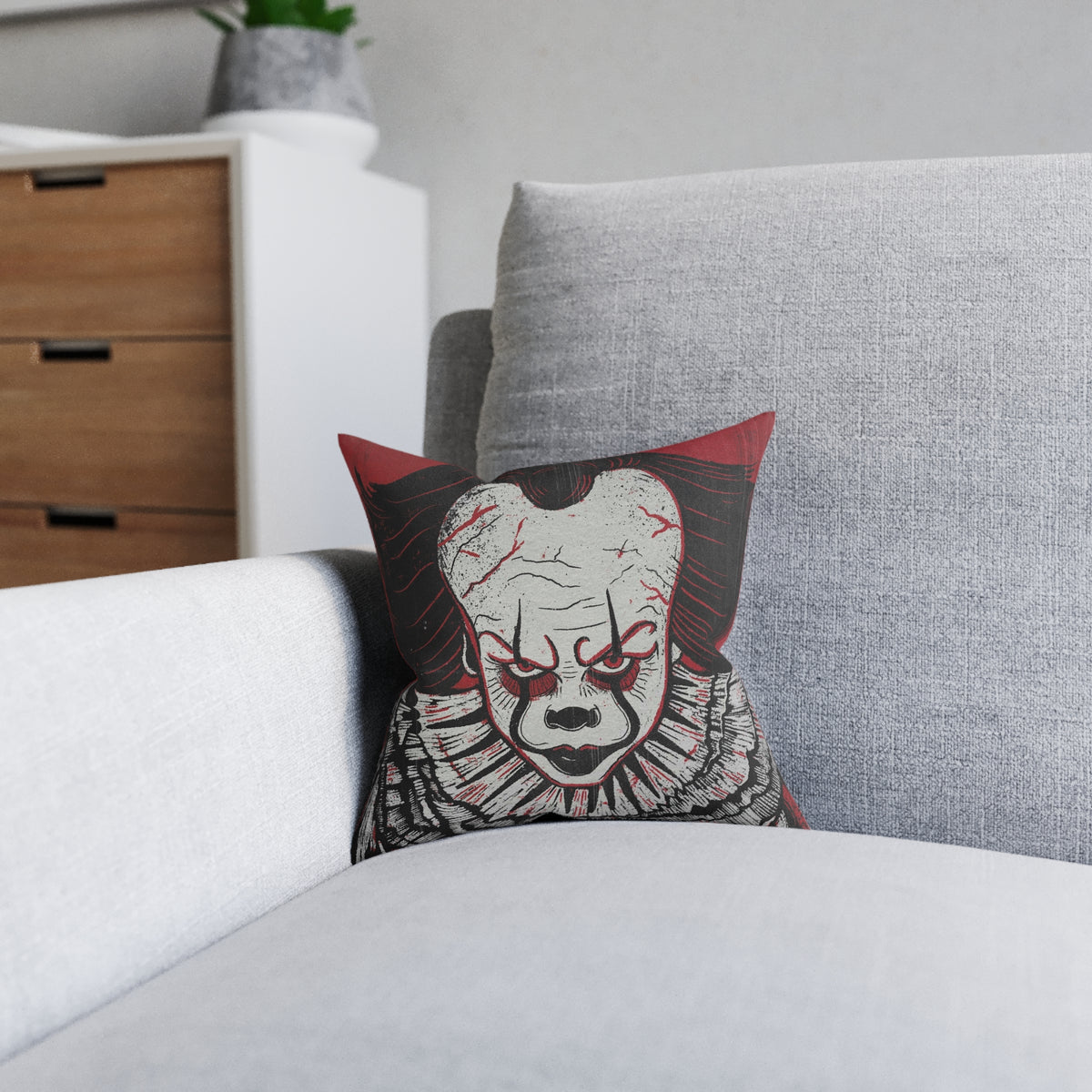 Pennywise the Dancing Clown Square Pillow — Pennywise-Inspired Scary Face Decorative Throw Pillow for Halloween