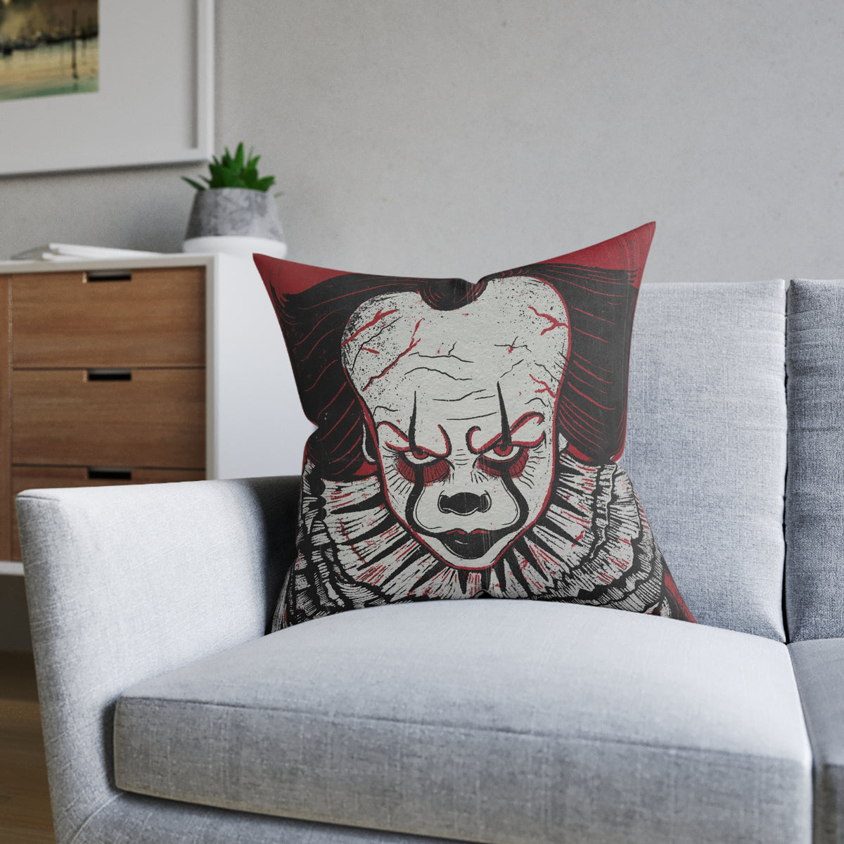 Pennywise the Dancing Clown Square Pillow — Pennywise-Inspired Scary Face Decorative Throw Pillow for Halloween