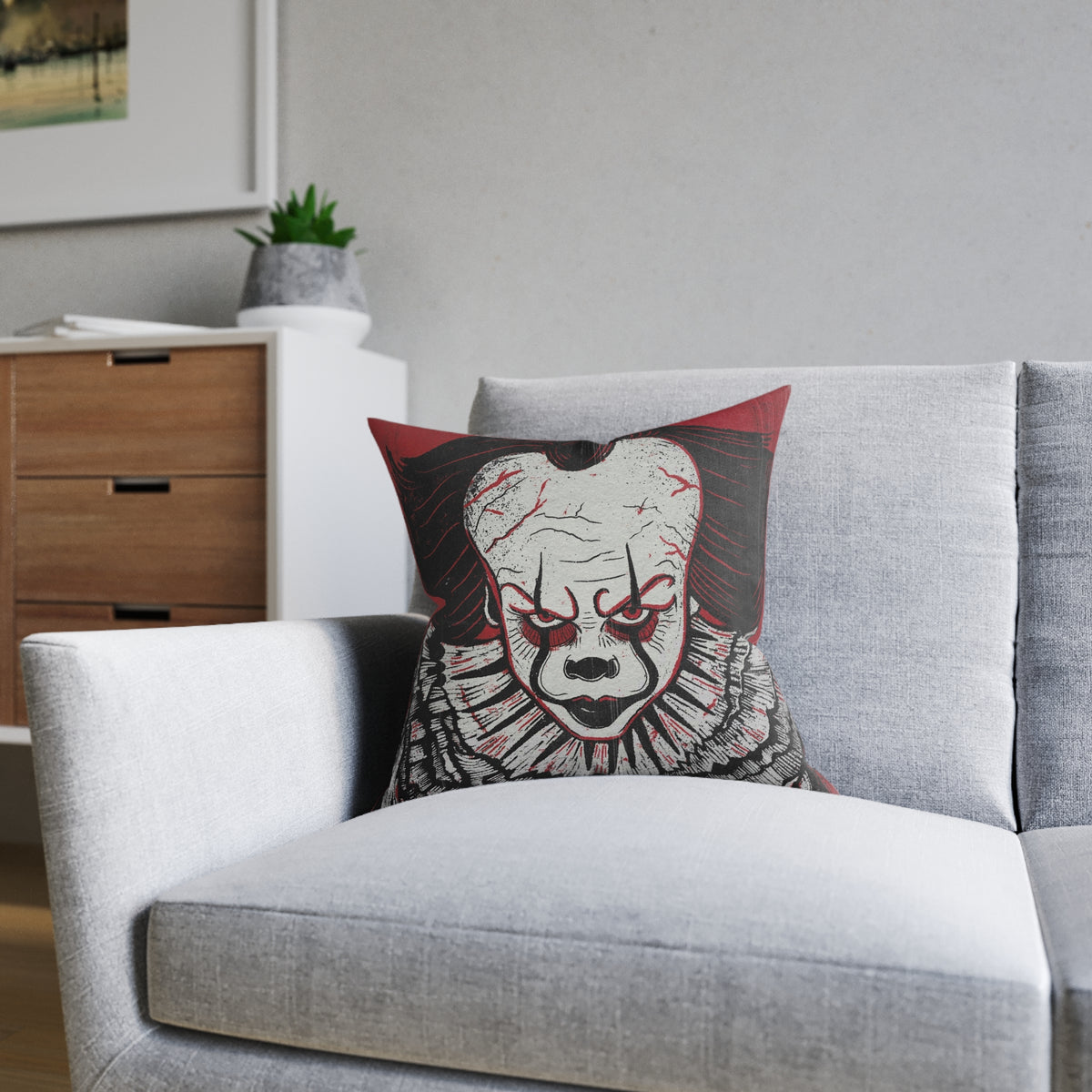 Pennywise the Dancing Clown Square Pillow — Pennywise-Inspired Scary Face Decorative Throw Pillow for Halloween