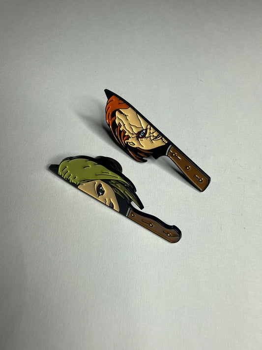 Chucky and his bride on knife- enamel pin set