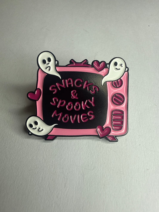 Snacks and spooky movies- enamel pin