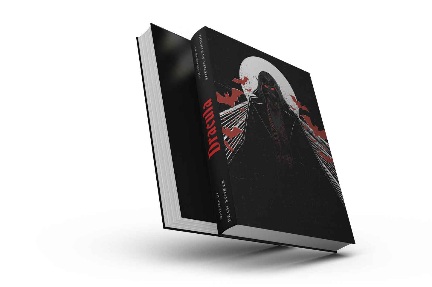 A hardback illustrated edition of the book 'Dracula' in a 6x9-inch format with a black cover featuring a red and white illustration of a character.
