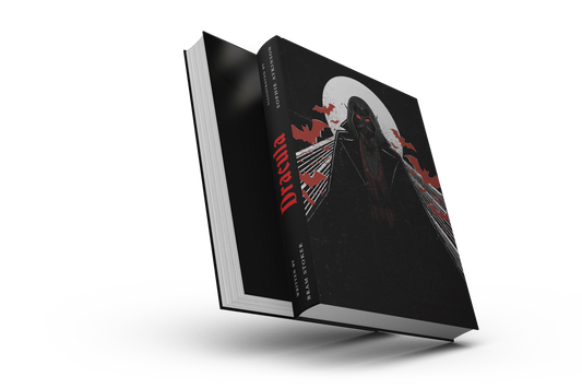 A hardback illustrated edition of the book 'Dracula' in a 6x9-inch format with a black cover featuring a red and white illustration of a character.