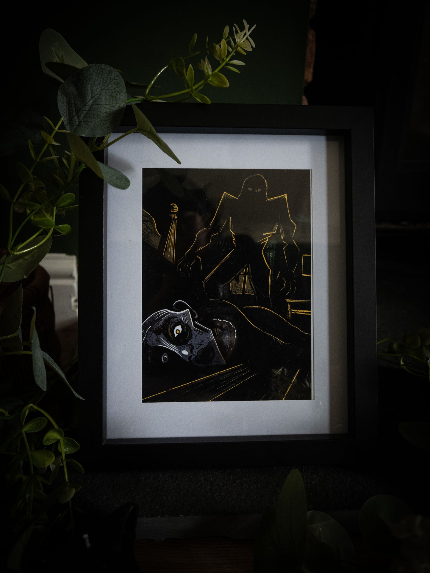 The Wedding Night giclée print in black frame with trailing foliage — Elizabeth's murder scene, gold linework on black, Frankenstein Illustrated