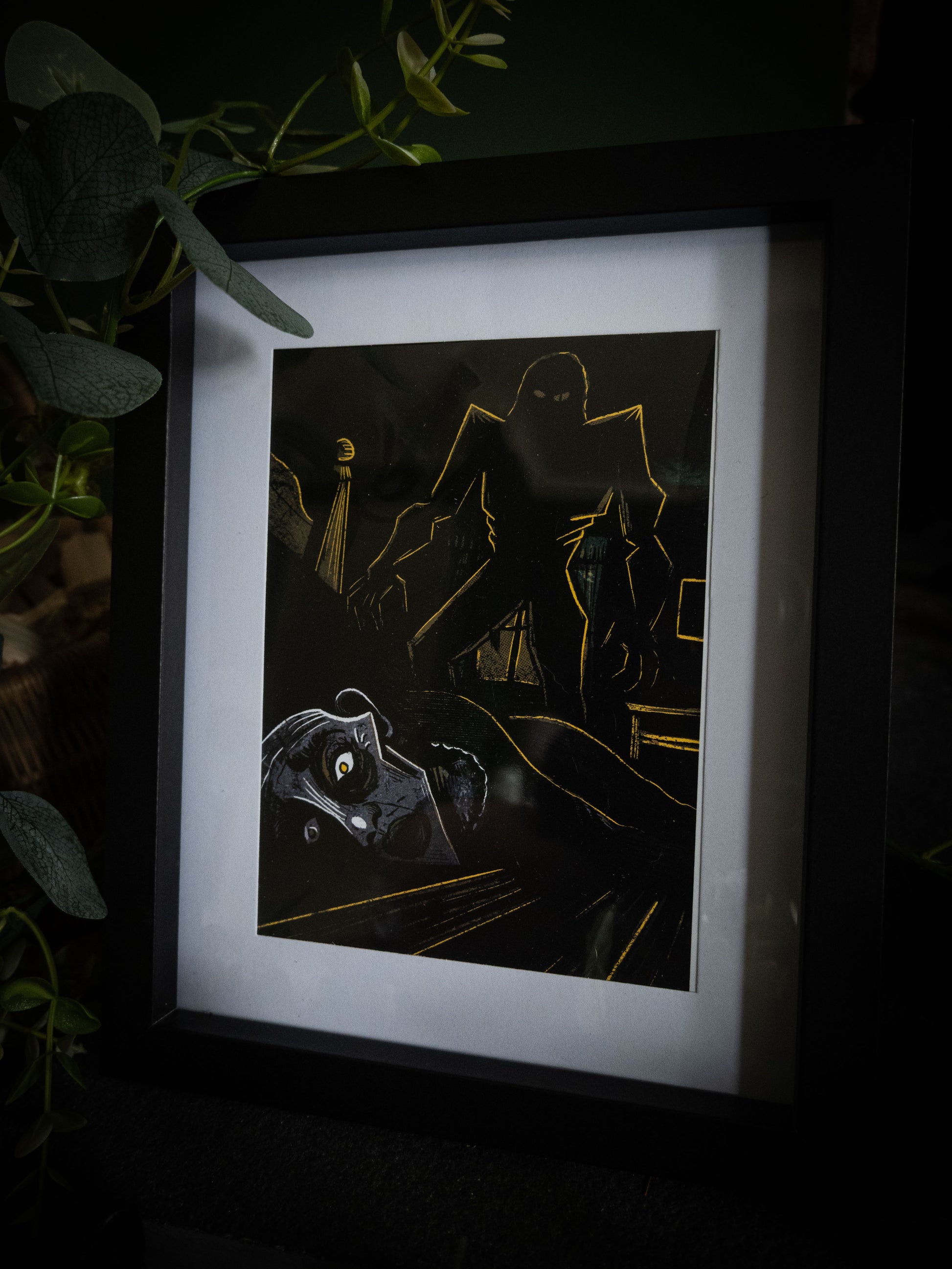 The Wedding Night art print unframed close-up — creature looming over Elizabeth in gold and black, bold gothic illustration by Sophie Atkinson