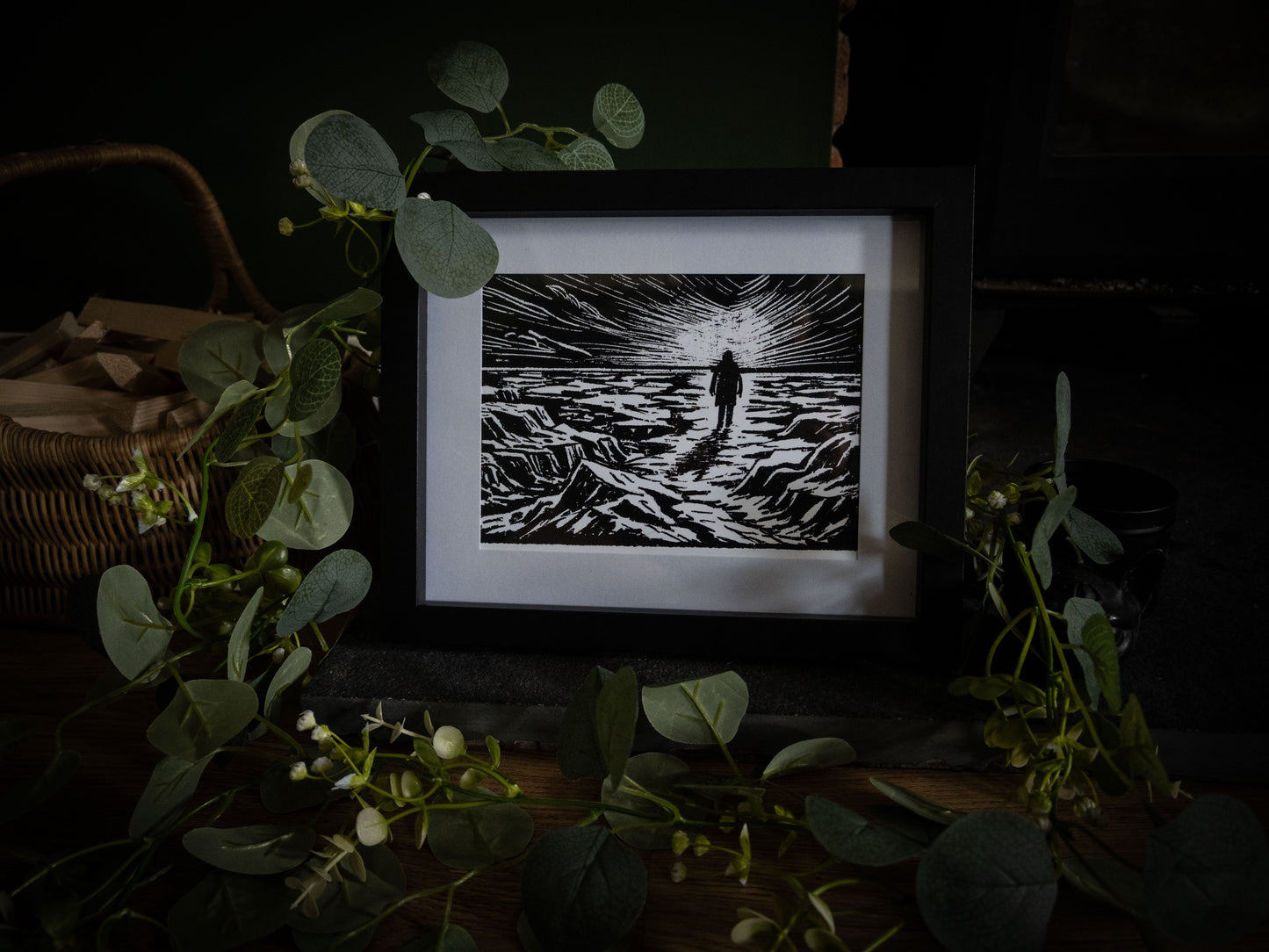 Framed gothic art print of Victor Frankenstein walking alone across Arctic ice, from Sophie Atkinson's Frankenstein Illustrated series
