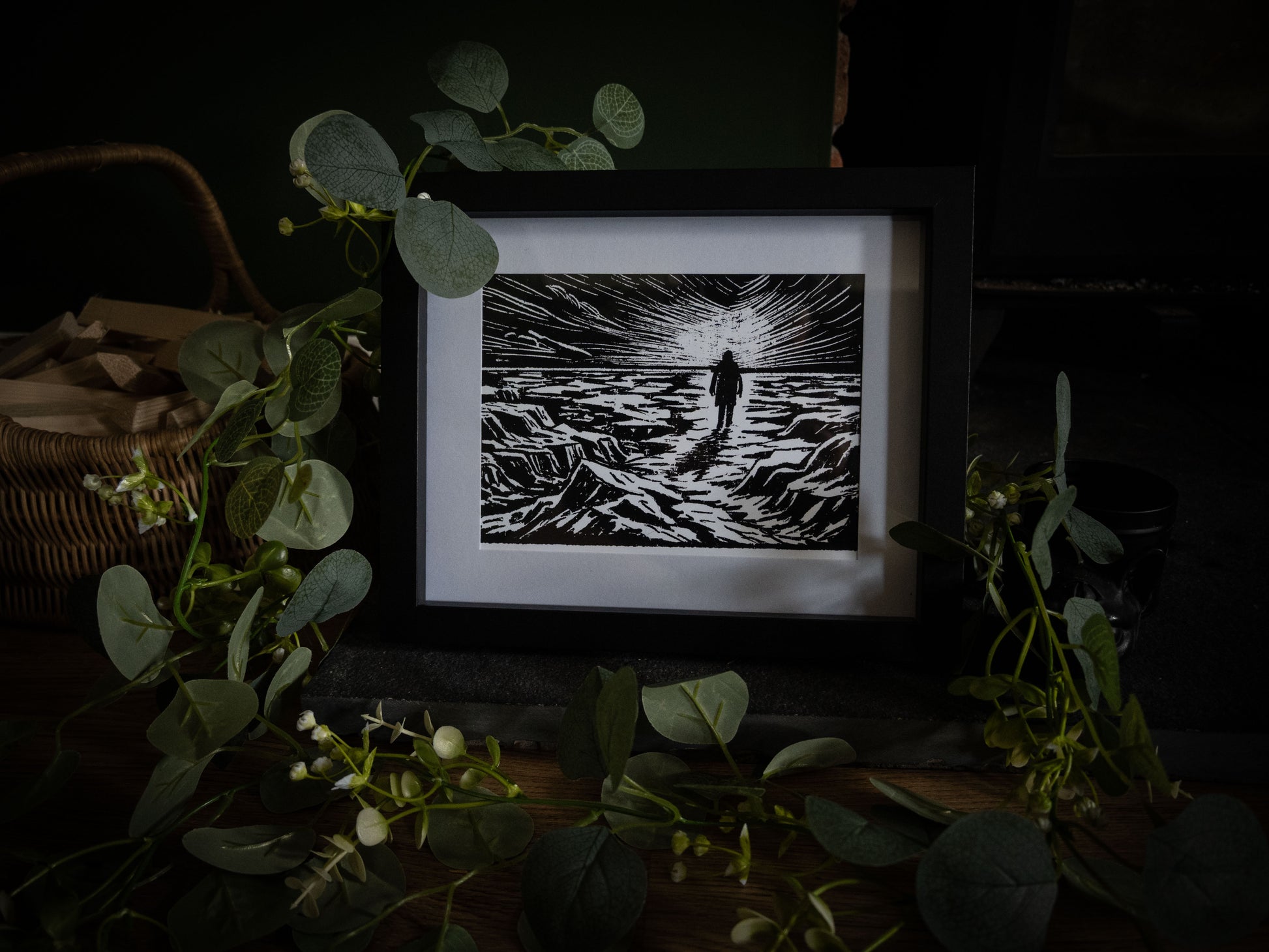 Framed gothic art print of Victor Frankenstein walking alone across Arctic ice, from Sophie Atkinson's Frankenstein Illustrated series