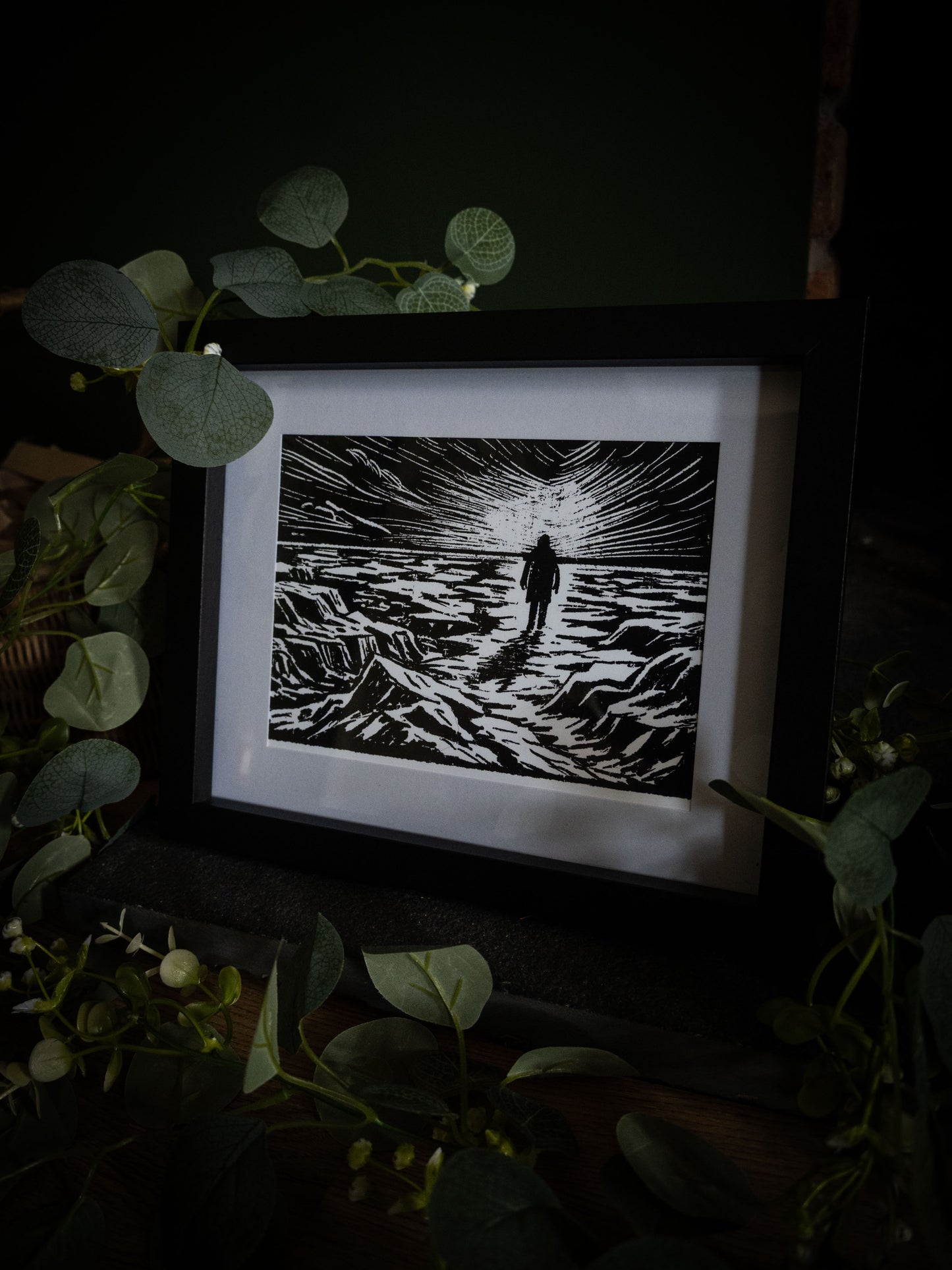 Frankenstein illustrated chapter vignette print in black frame — Victor on the ice plain, gothic artwork by Sophie Atkinson