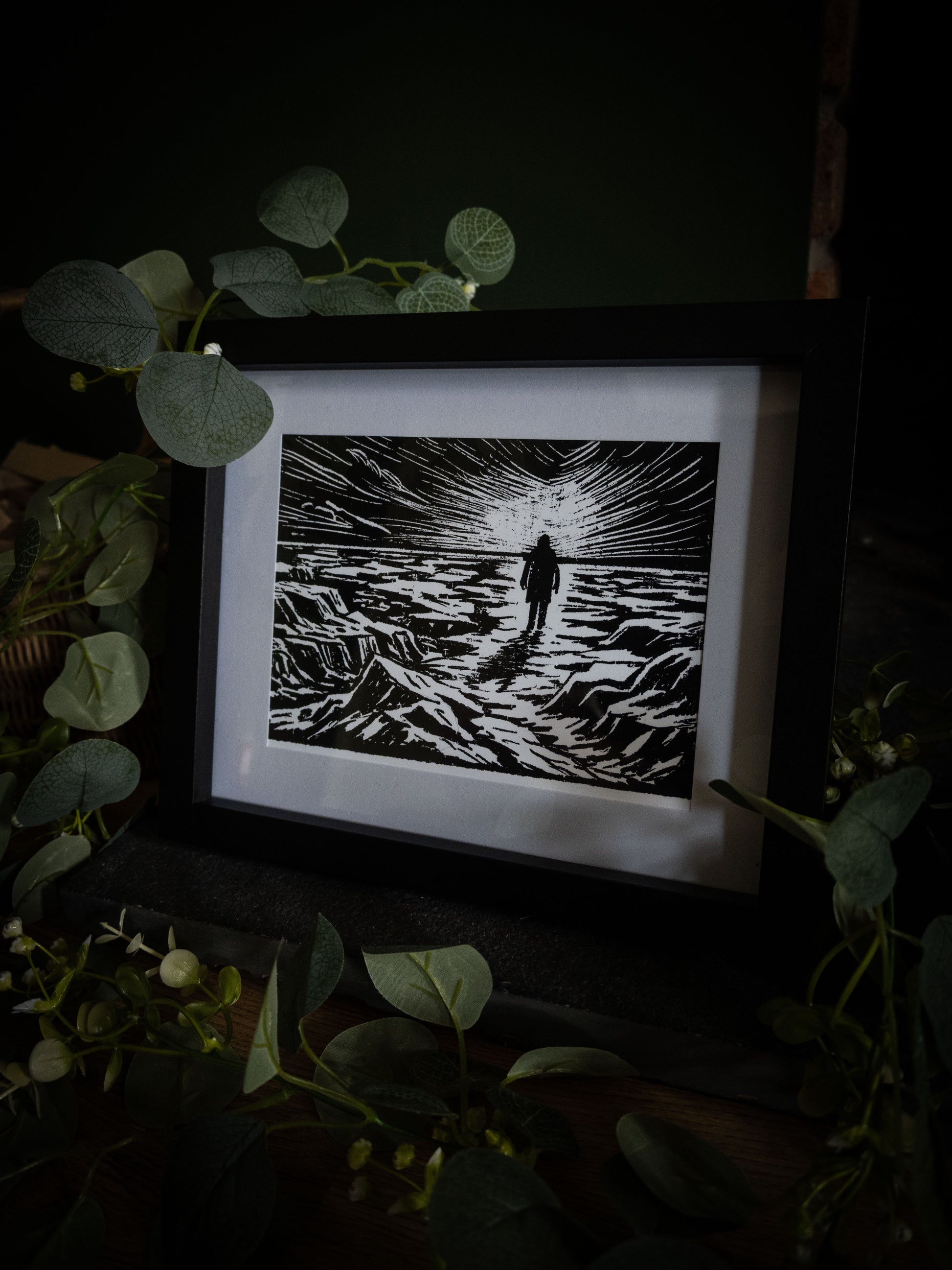 Frankenstein illustrated chapter vignette print in black frame — Victor on the ice plain, gothic artwork by Sophie Atkinson