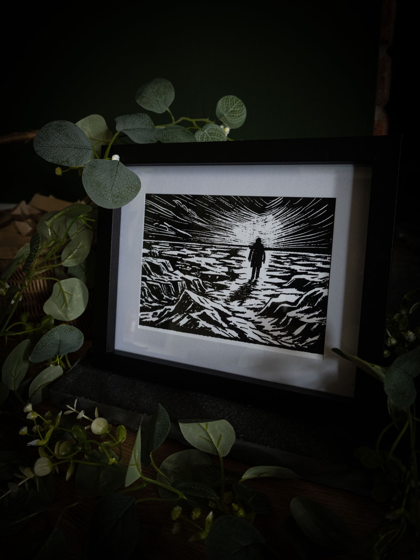 Close-up of The Ice Plain art print — silhouette of Victor Frankenstein against a blazing Arctic light, dark gothic illustration