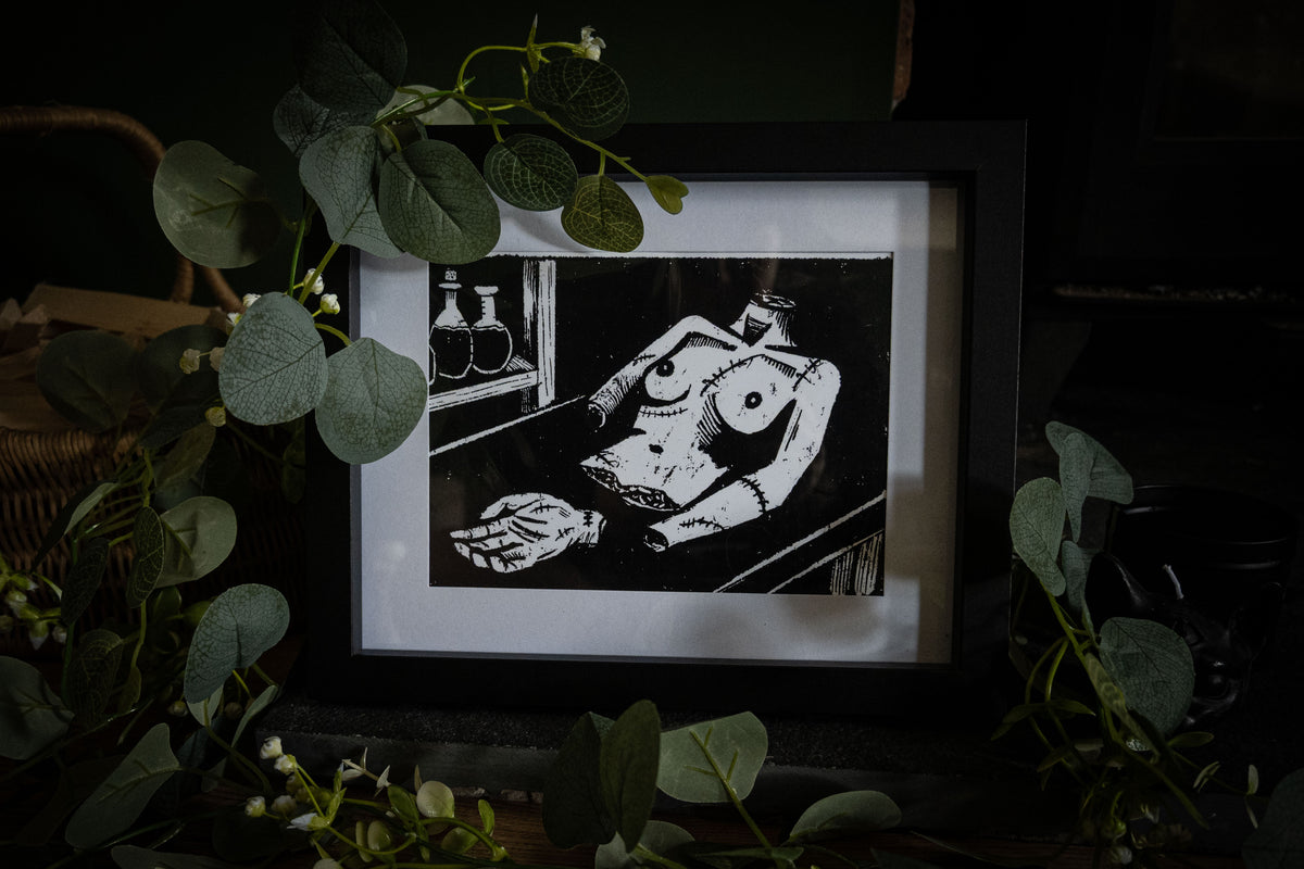 The Workshop art print wide shot with basket and foliage — gothic Frankenstein creation scene giclée print by Sophie Atkinson