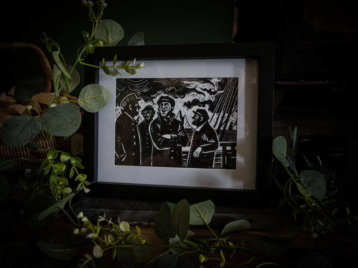Framed gothic art print of Walton's Arctic crew laughing on deck, from Sophie Atkinson's Frankenstein Illustrated series