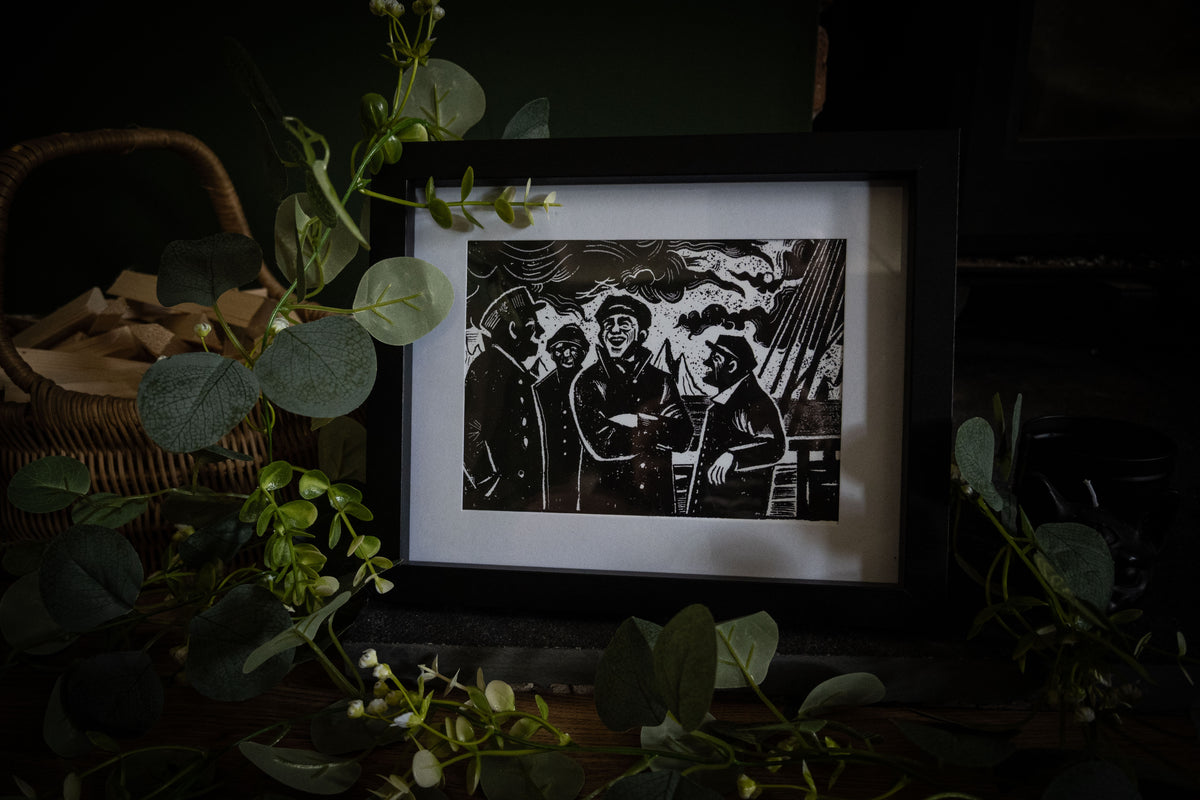 The Voyage art print angled view — Arctic expedition crew on ship deck, Frankenstein illustrated vignette by Sophie Atkinson
