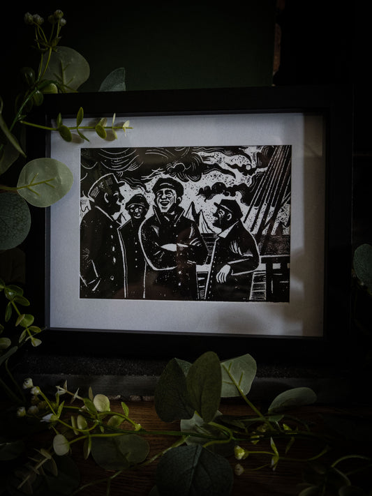 Close-up of The Voyage art print — laughing sailors against stormy sky, high-contrast gothic illustration by Sophie Atkinson