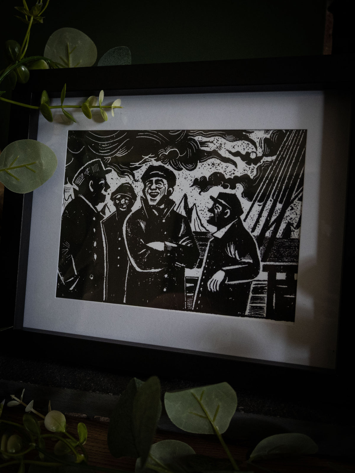 The Voyage art print wide shot with foliage — Walton's crew on deck, bold black and white gothic illustration