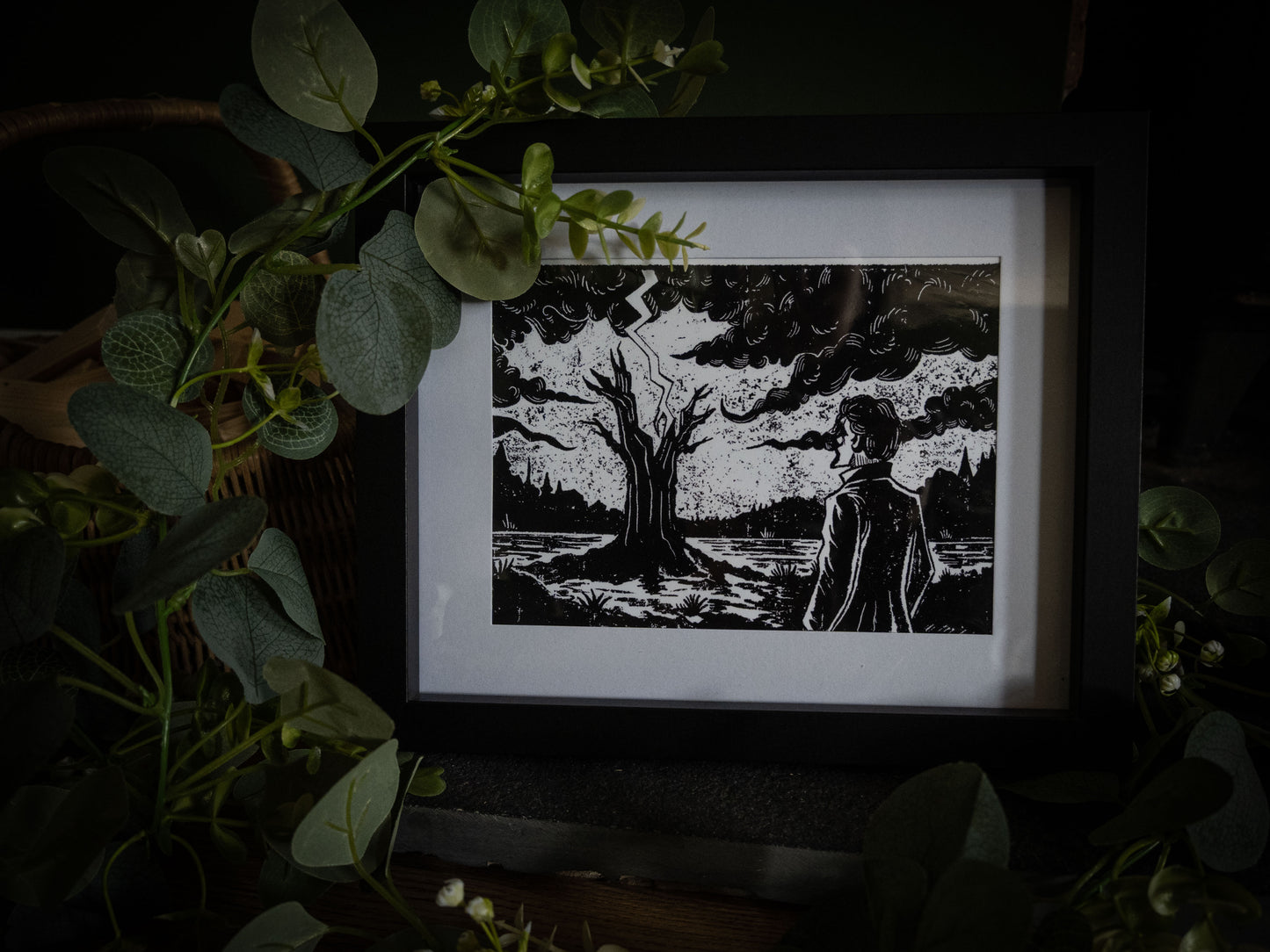 Framed gothic art print of Victor Frankenstein watching a lightning-struck tree, from Sophie Atkinson's Frankenstein Illustrated series