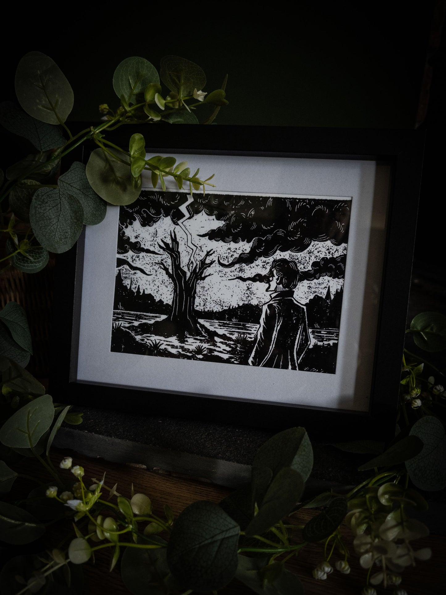 The Lightning Tree art print — bold black and white gothic illustration of a storm-struck oak, by Sophie Atkinson