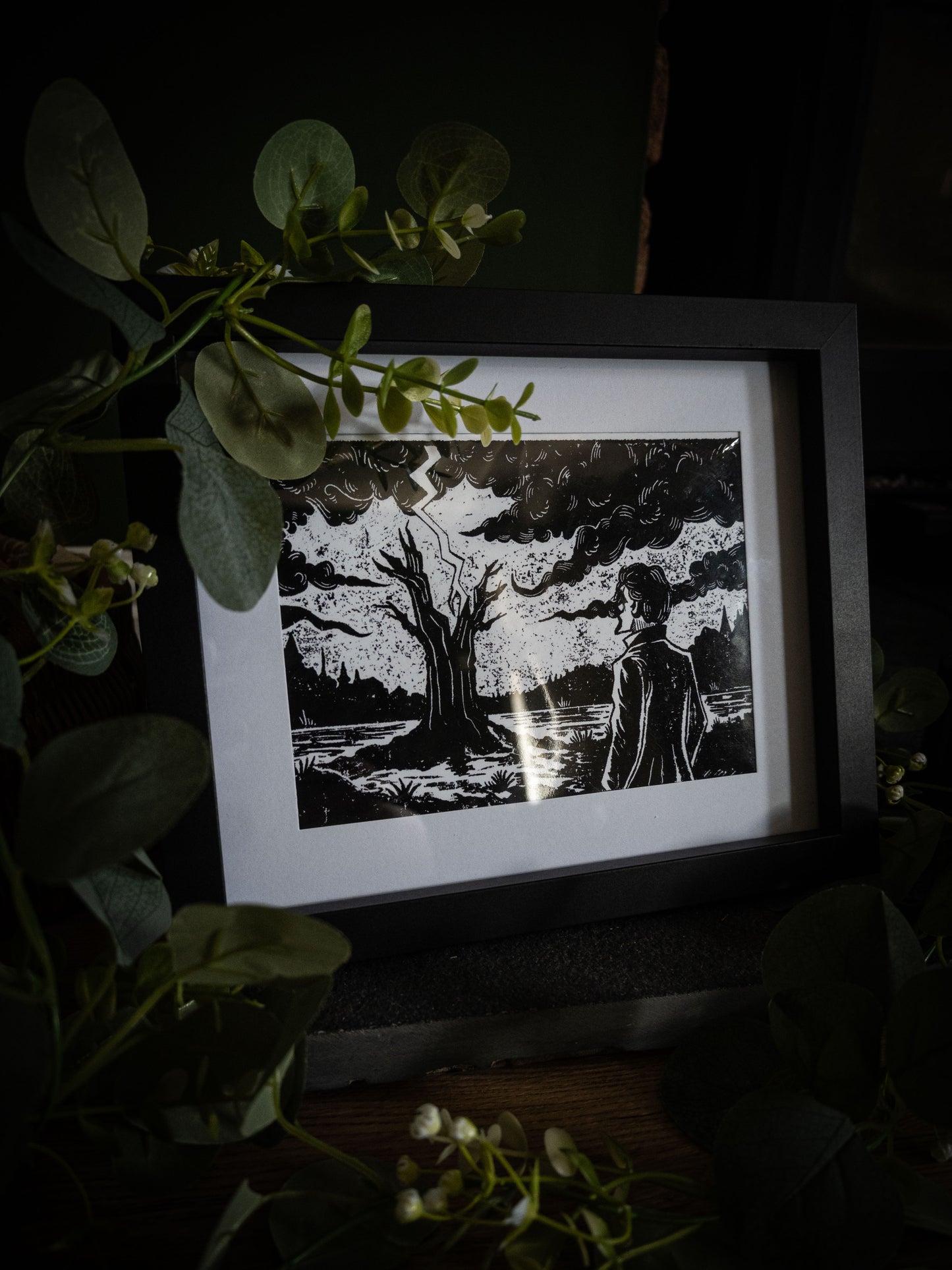 Frankenstein illustrated chapter vignette print in black frame — lightning tree scene, gothic artwork by Sophie Atkinson