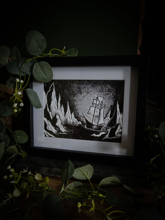 Framed gothic art print of Walton's ship navigating Arctic icebergs at night, from Sophie Atkinson's Frankenstein Illustrated series