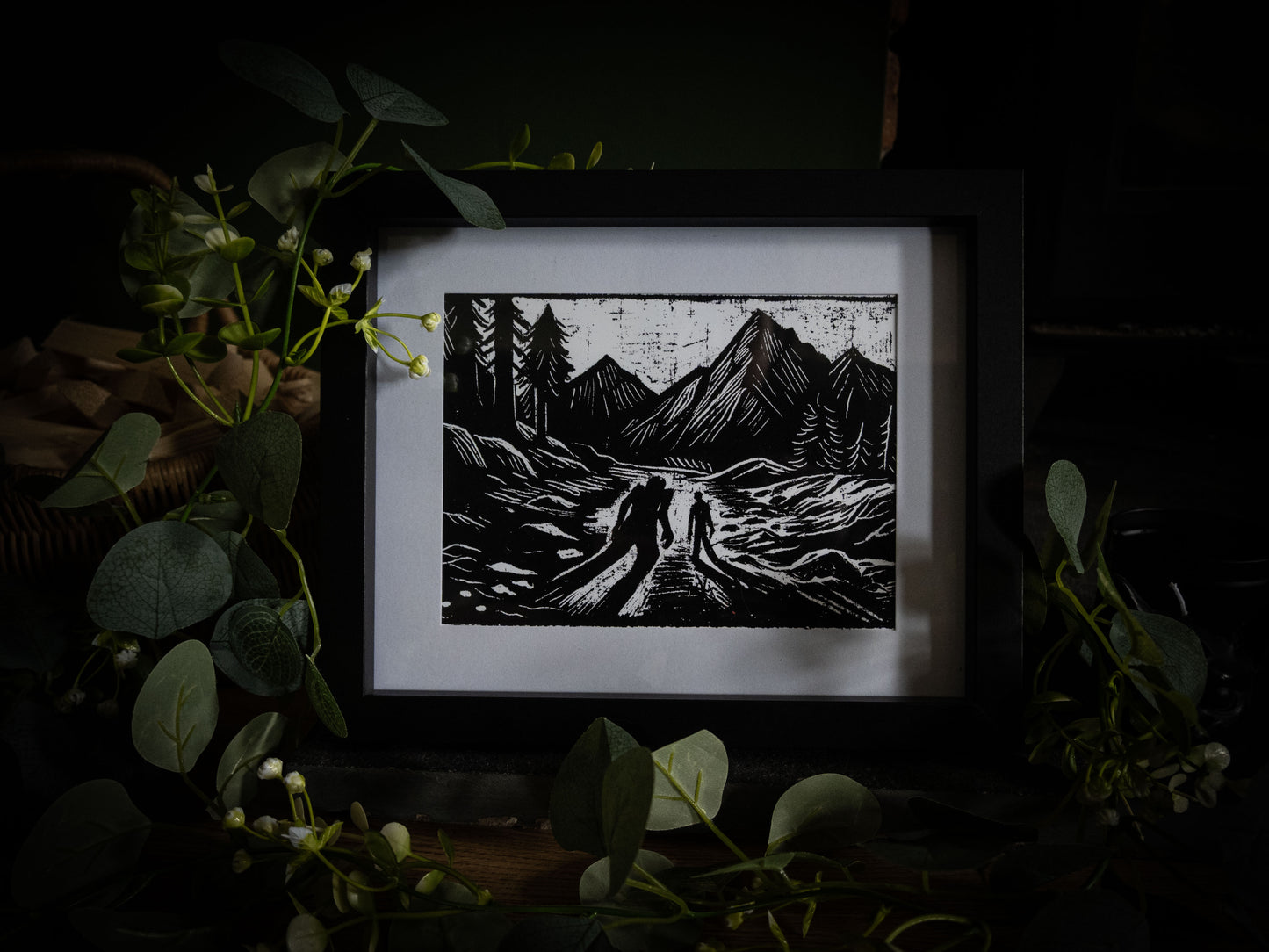 The Alpine Pass art print surrounded by greenery — Frankenstein Alpine pursuit, bold gothic illustration by Sophie Atkinson