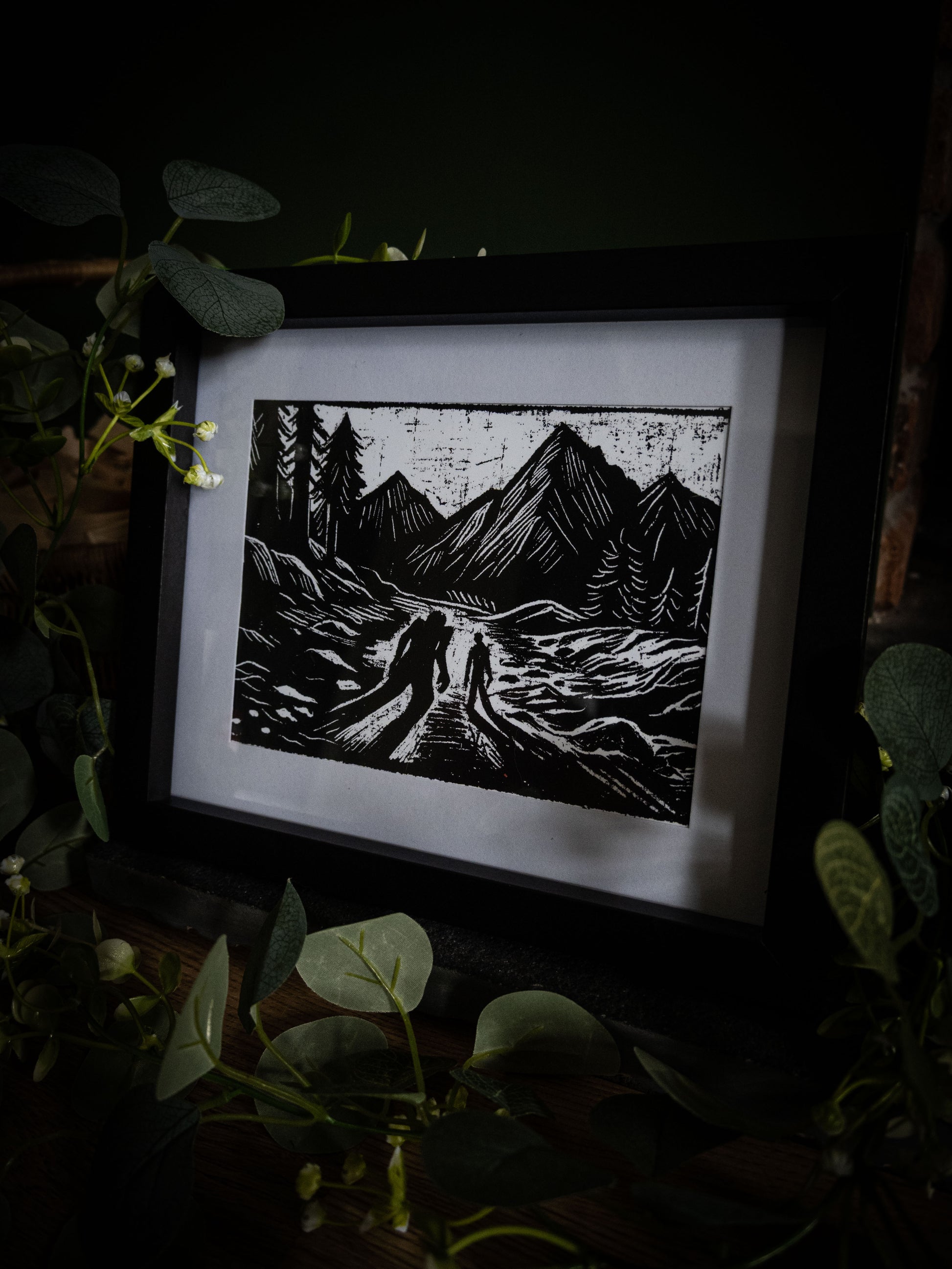 Framed gothic art print of two figures on an Alpine mountain path, from Sophie Atkinson's Frankenstein Illustrated series