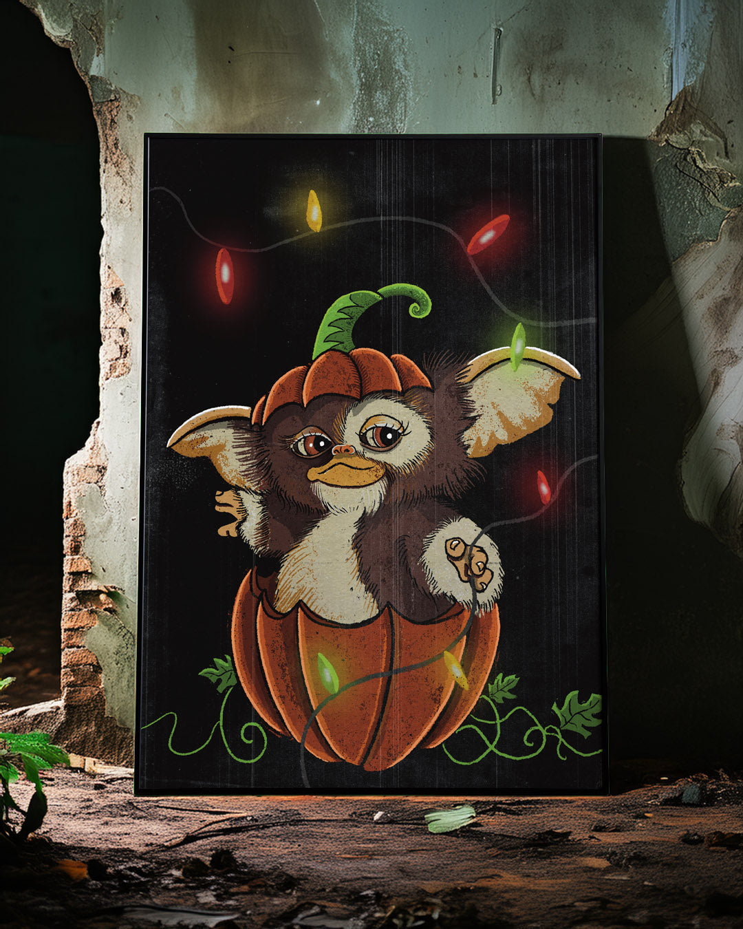 Gizmo Pumpkin Christmas Lights – Premium Giclée Art Print
