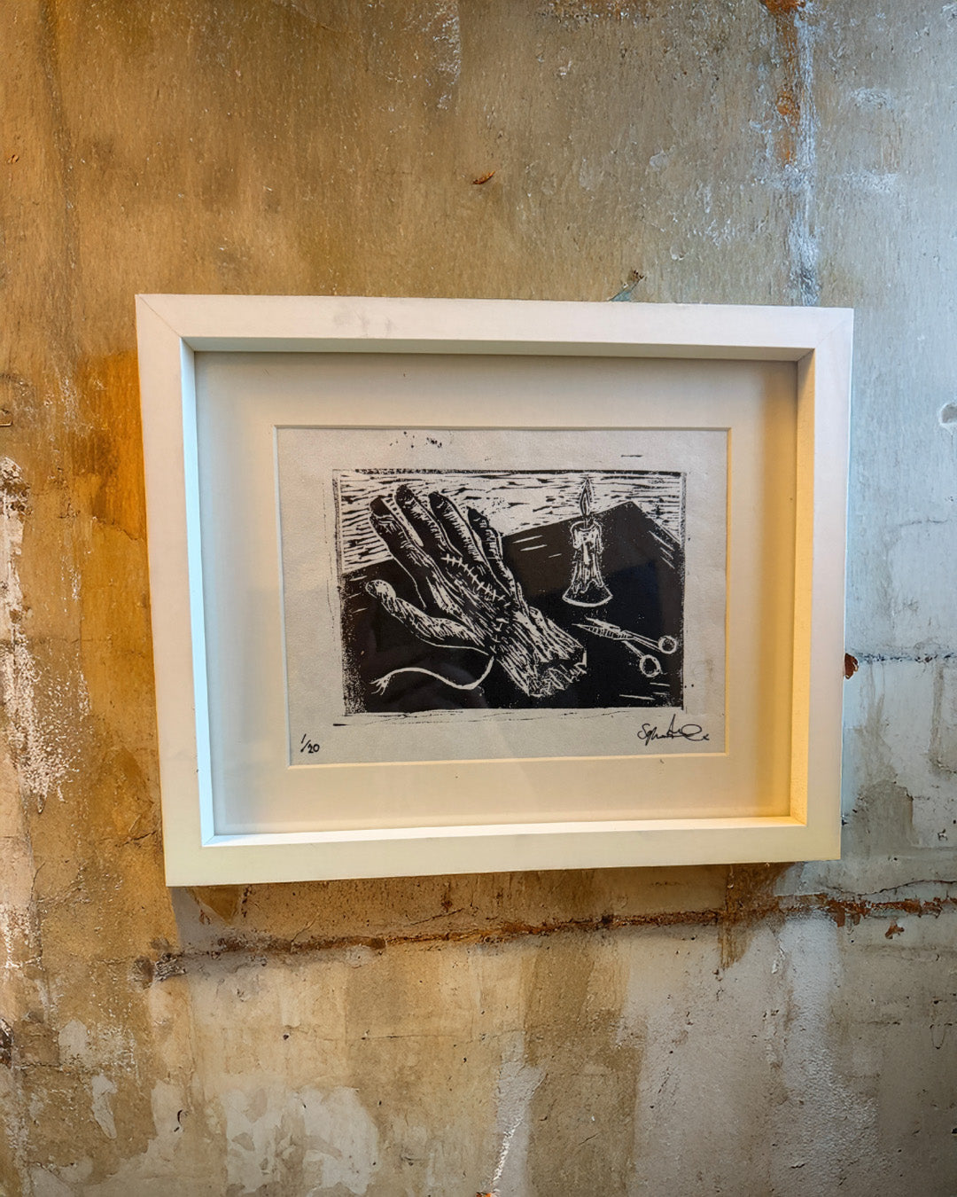 “Stitching the Monster” – Limited Edition Hand-Carved A5 Framed Woodblock Print