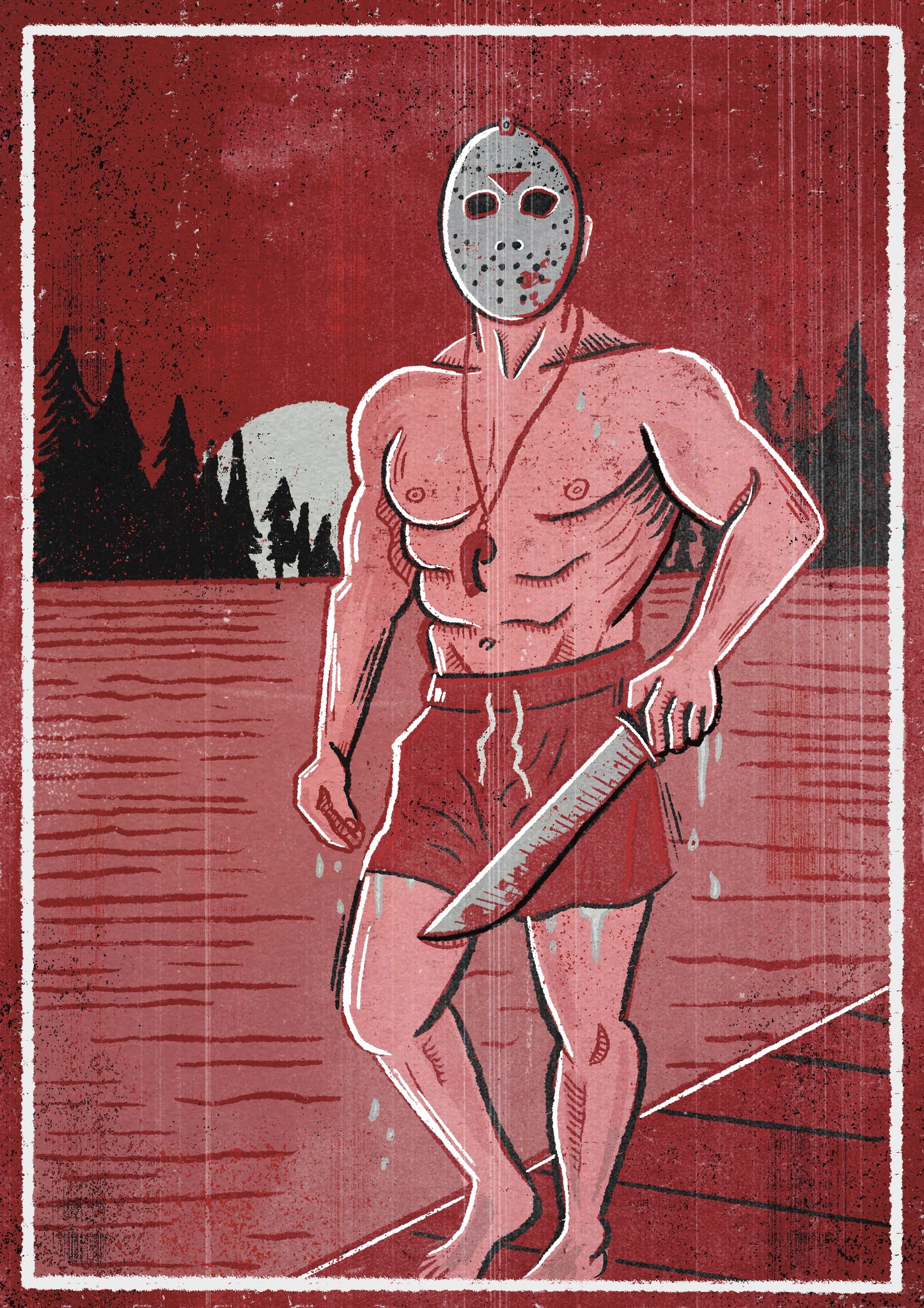 Jason lifeguard pin-up horror art print featuring a masked slasher emerging from a lake at Camp Crystal Lake