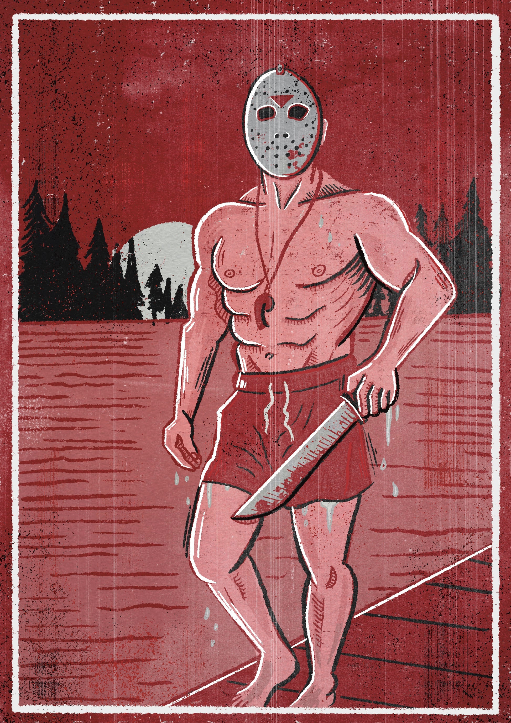 Jason lifeguard pin-up horror art print featuring a masked slasher emerging from a lake at Camp Crystal Lake