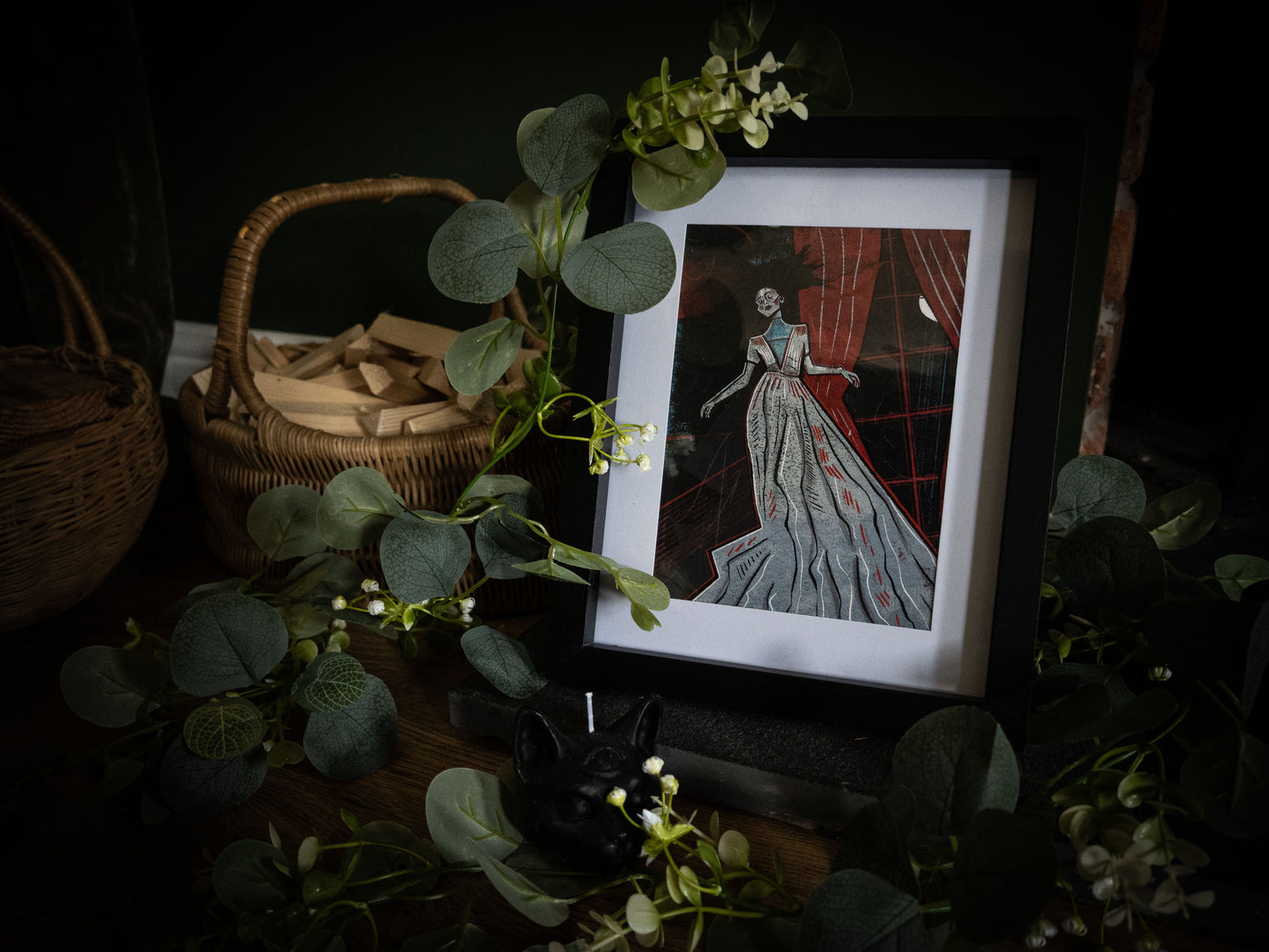 Close-up of The Lady Ligeia framed print – pale ghostly figure in tattered dress, Edgar Allan Poe illustration by Sophie Atkinson