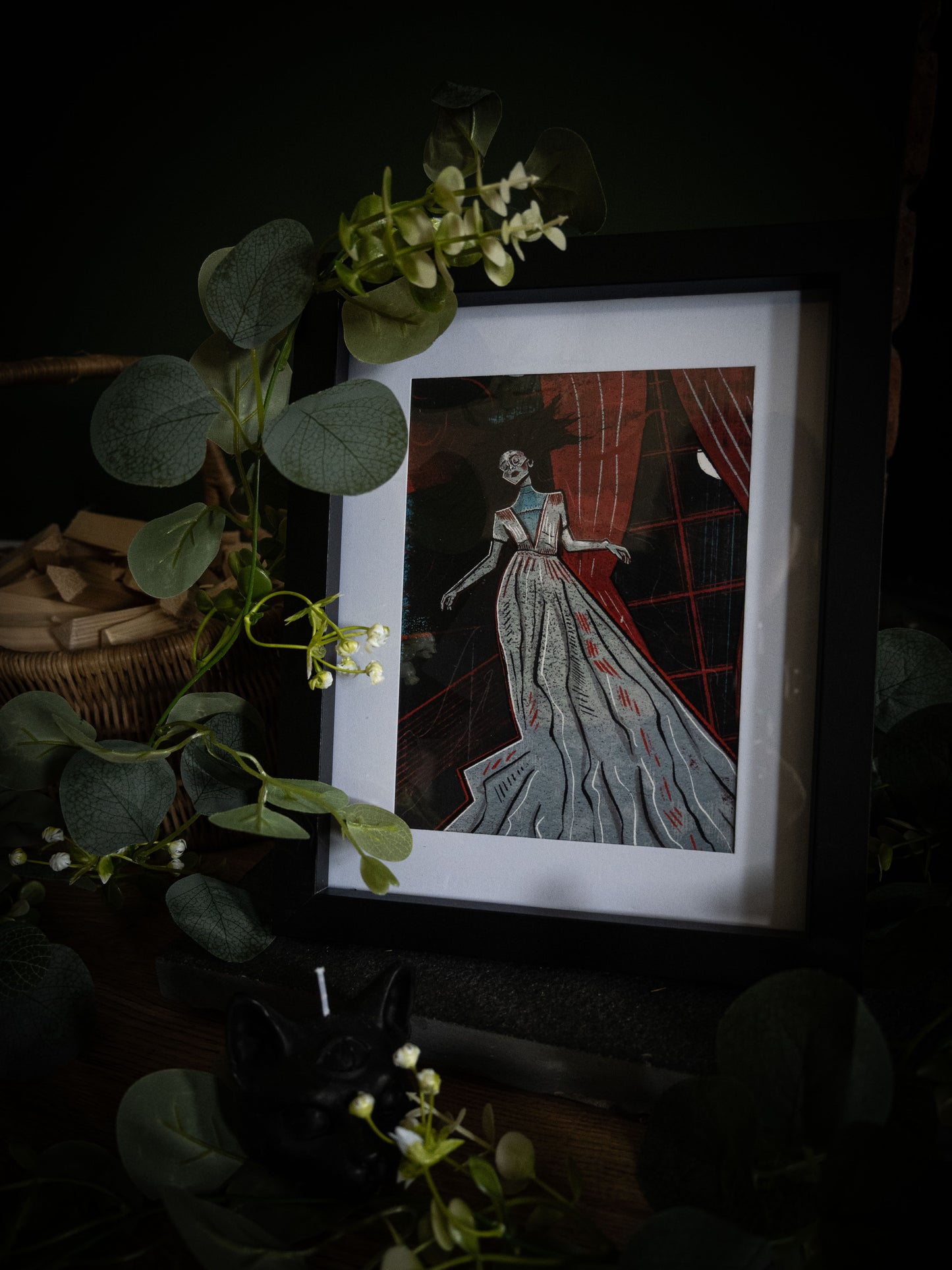 The Lady Ligeia art print – Edgar Allan Poe anthology illustration, gothic woman in grey dress against deep red curtains, styled flat lay