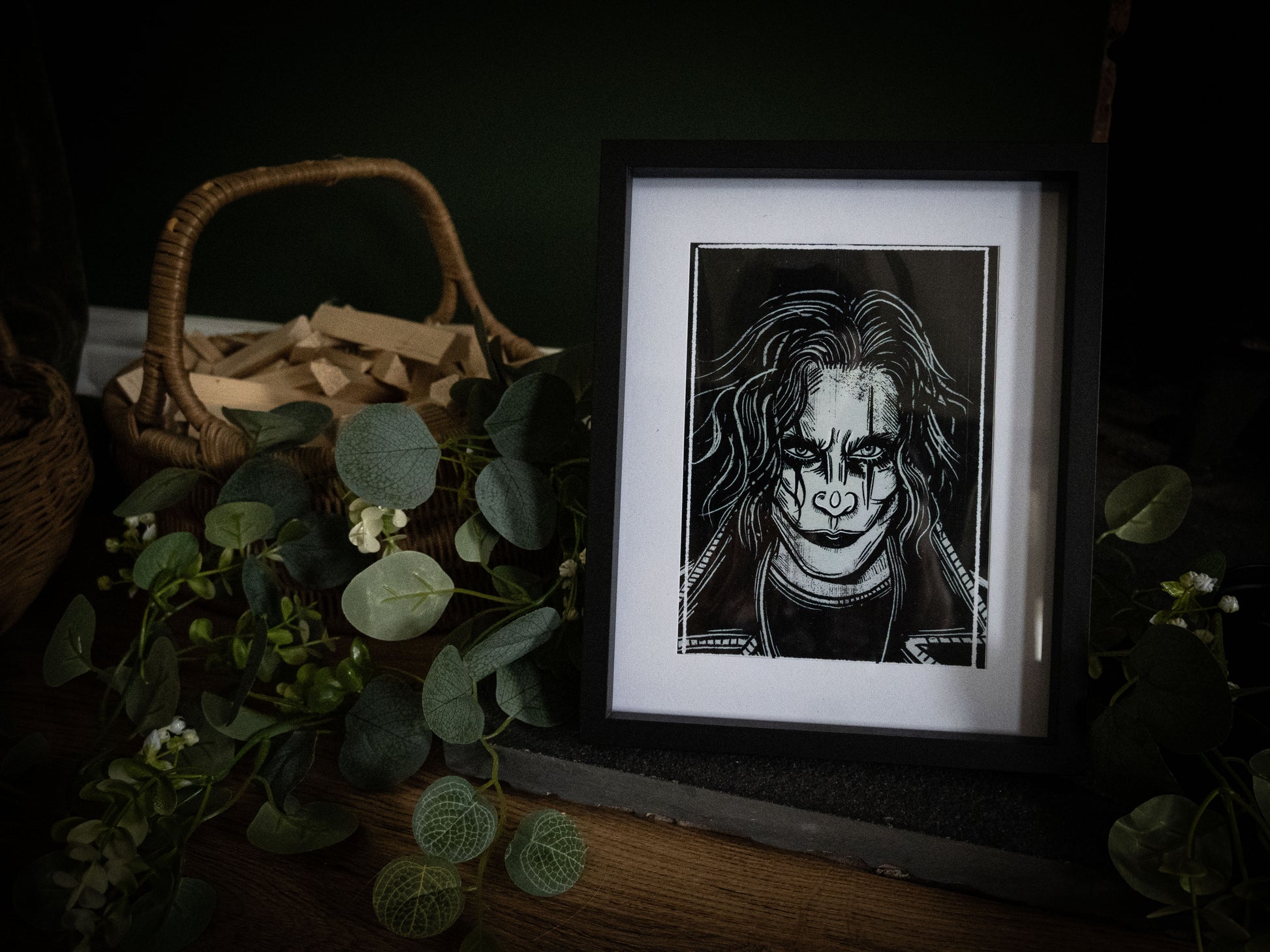 The Crow gothic horror art print by Sophie Atkinson, framed in black