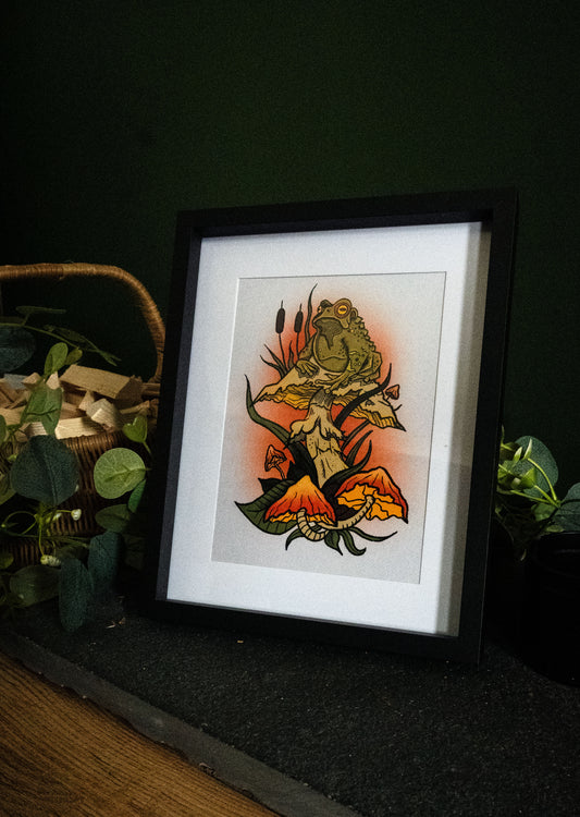 Framed gothic toad and mushroom art print by Sophie Atkinson Illustration