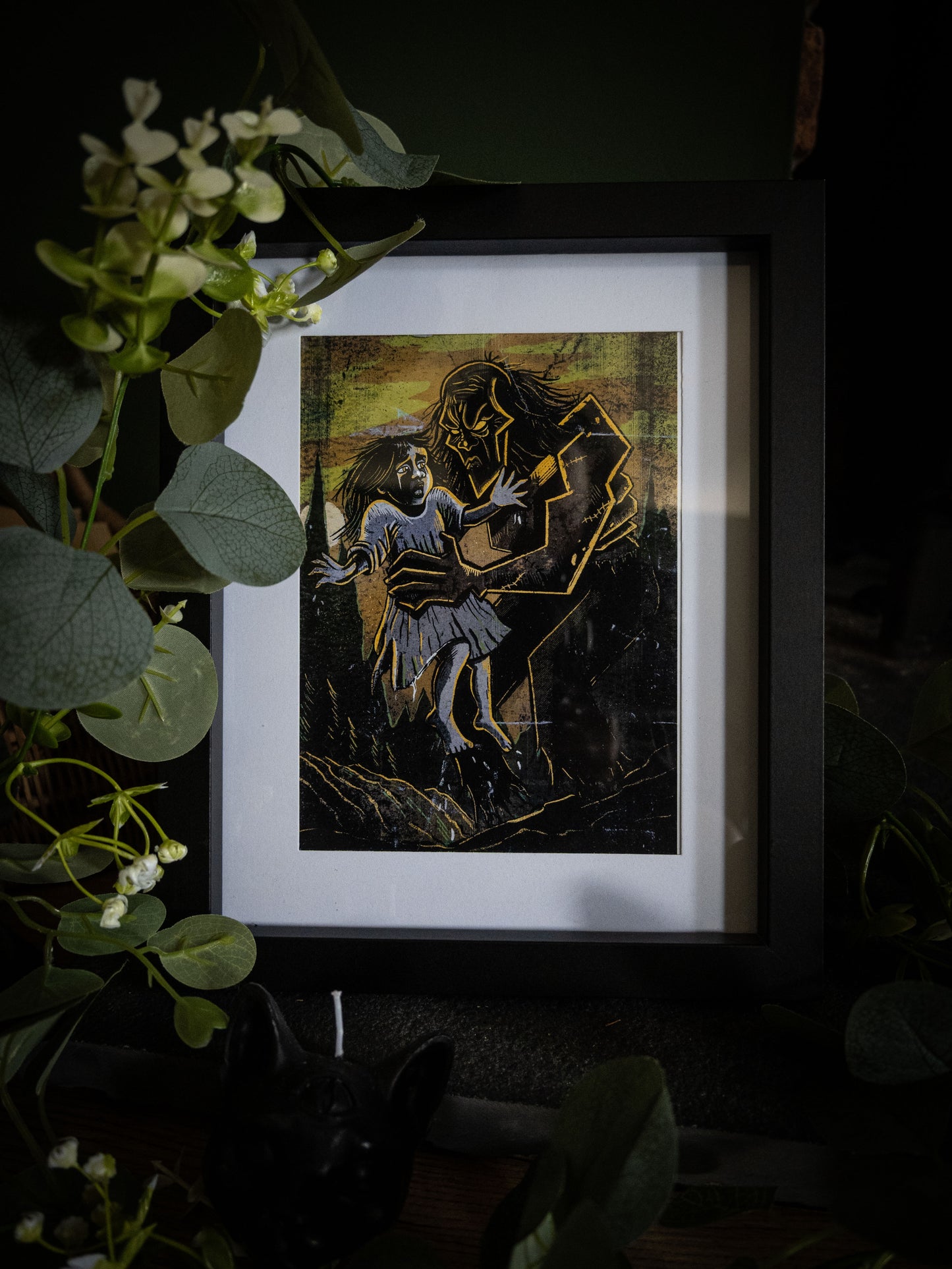Frankenstein illustrated art print — creature reaching toward a scared child, bold hand-drawn gothic style by Sophie Atkinson
