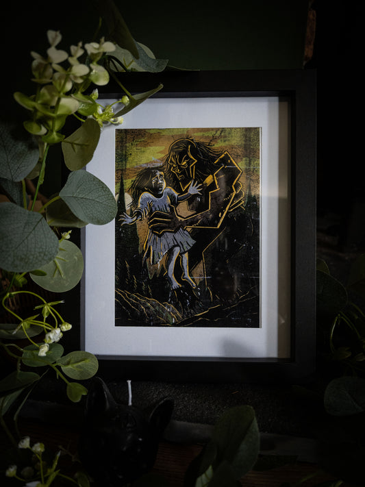 Frankenstein illustrated art print — creature reaching toward a scared child, bold hand-drawn gothic style by Sophie Atkinson