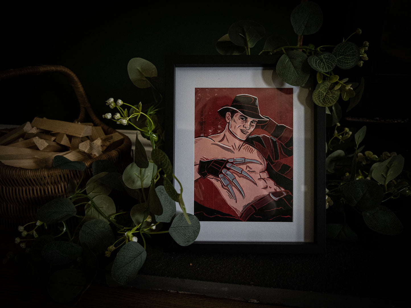 Freddy Krueger pinup fine art Giclée print — full illustration view, crimson background, hand-drawn gothic style