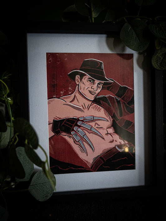 Sexy Freddy Krueger horror wall art print — framed in black, moody dark lifestyle photography