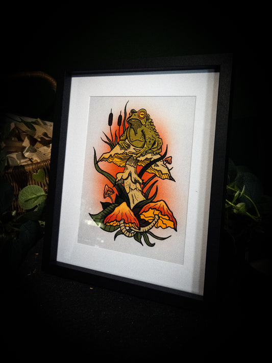 Witch's Familiar — Toad & Mushroom Giclée Print | Gothic Folk Art