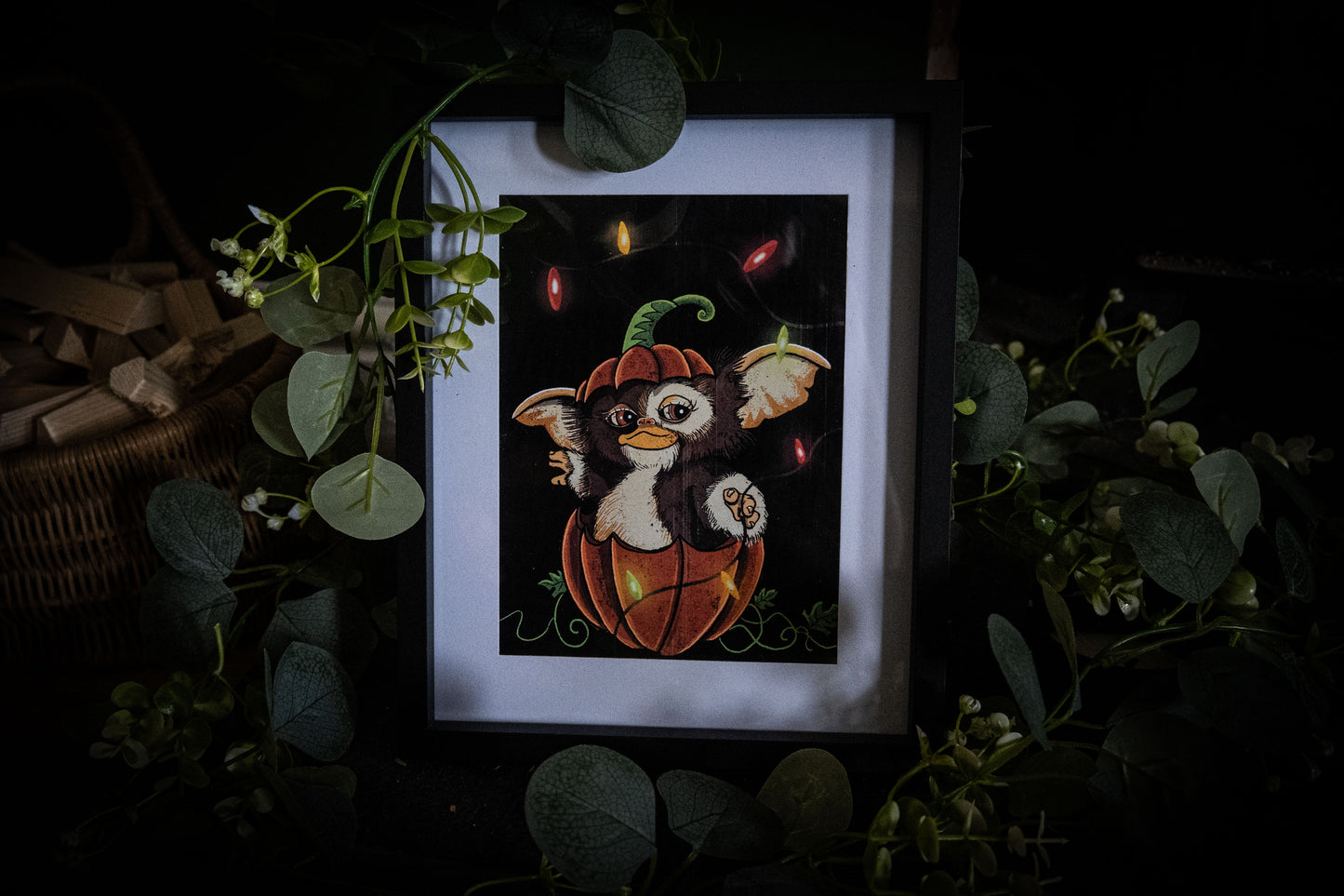 Gizmo Pumpkin Christmas Lights – Premium Giclée Art Print