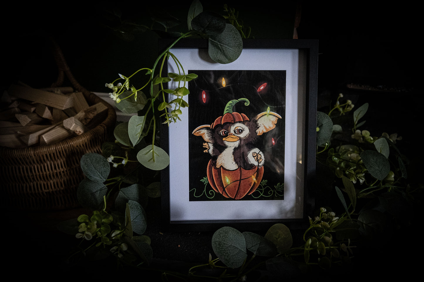 Gizmo Pumpkin Christmas Lights – Premium Giclée Art Print