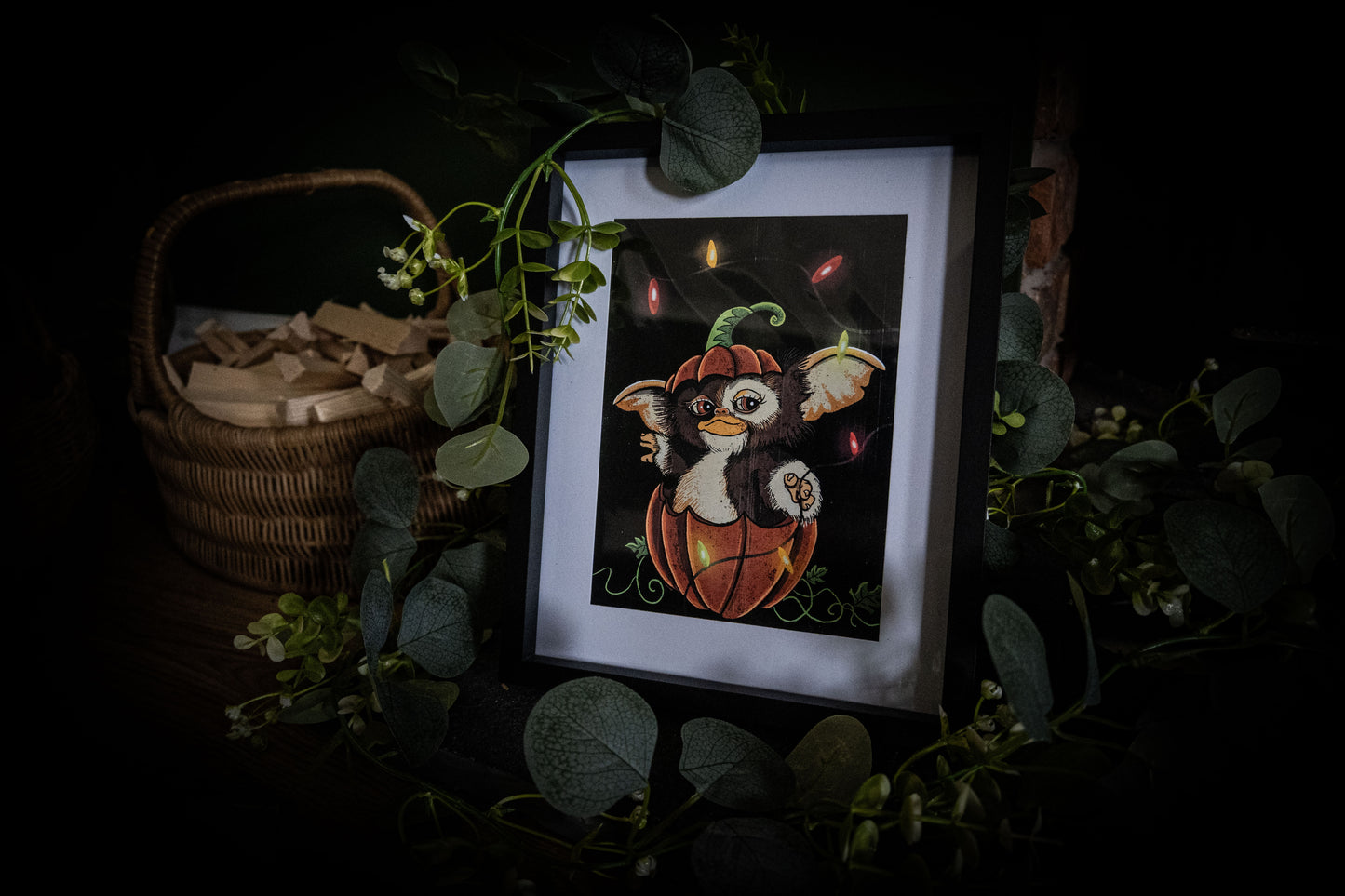 Gizmo Pumpkin Christmas Lights – Premium Giclée Art Print