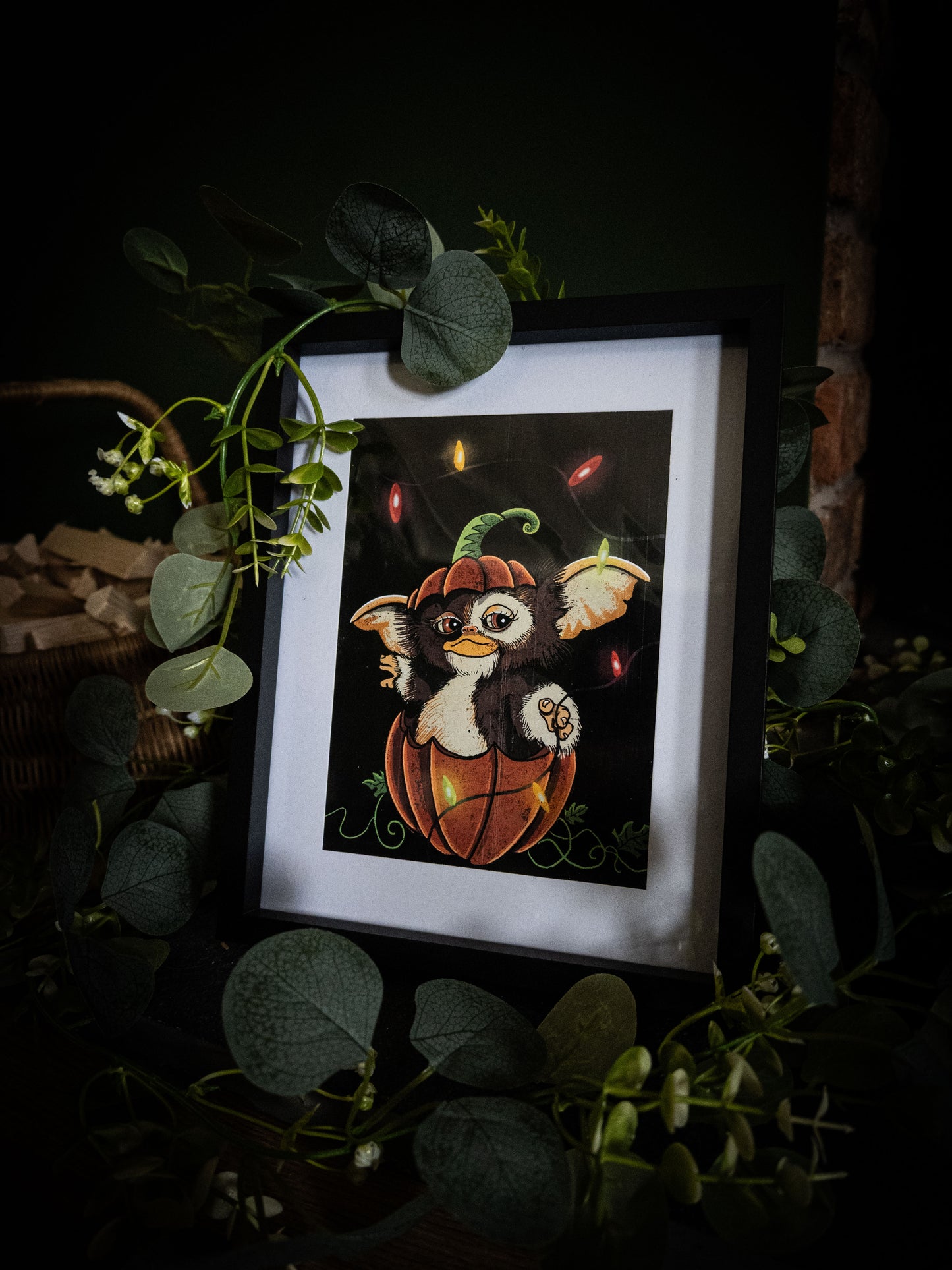 Gizmo Pumpkin Christmas Lights – Premium Giclée Art Print