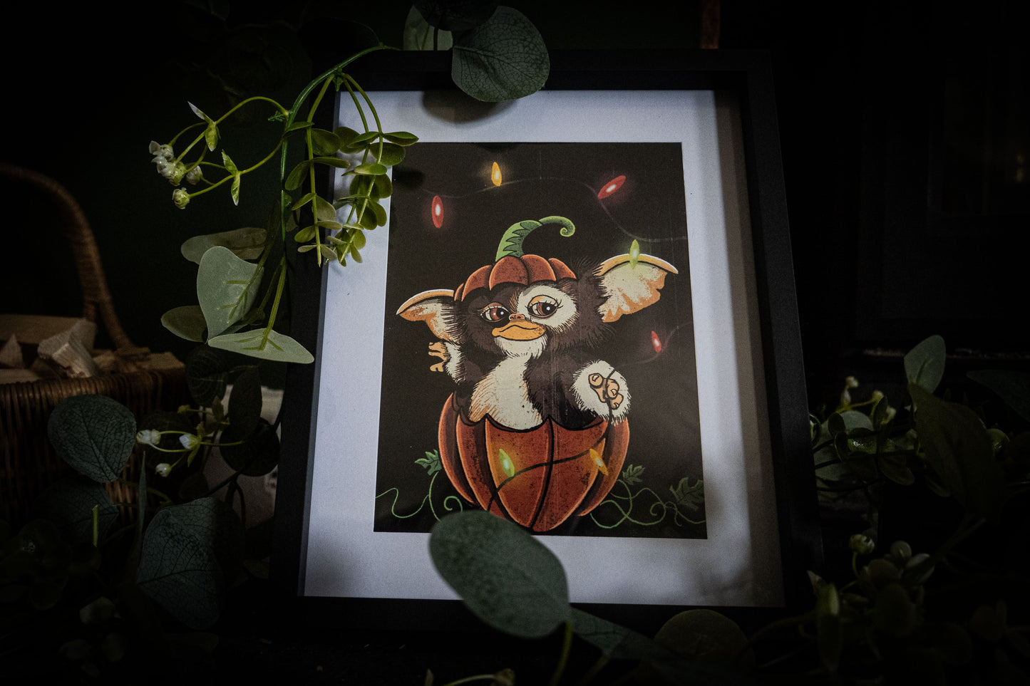 Gizmo Pumpkin Christmas Lights – Premium Giclée Art Print