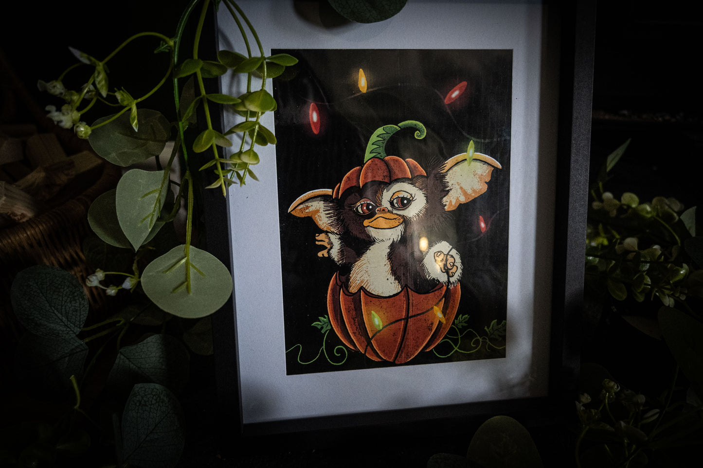 Gizmo Pumpkin Christmas Lights – Premium Giclée Art Print
