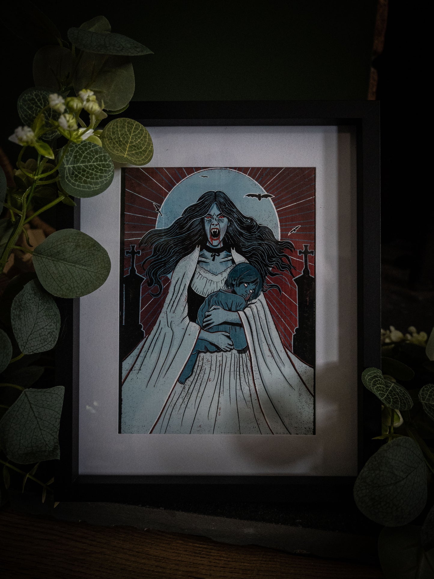 Lucy Westenra vampire gothic horror art print by Sophie Atkinson, framed in white