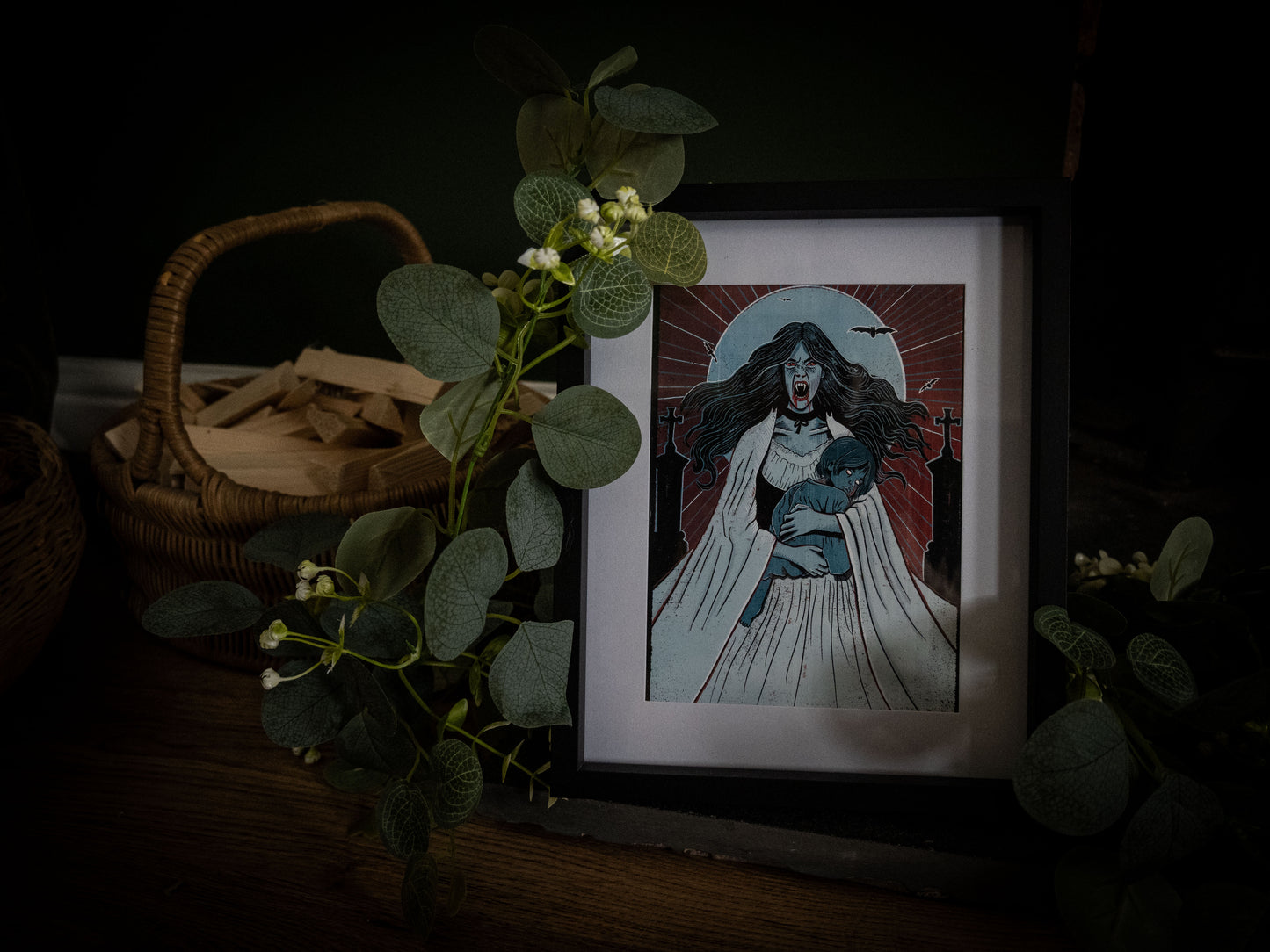 Lucy Westenra Bride of Darkness art print framed in black with eucalyptus foliage